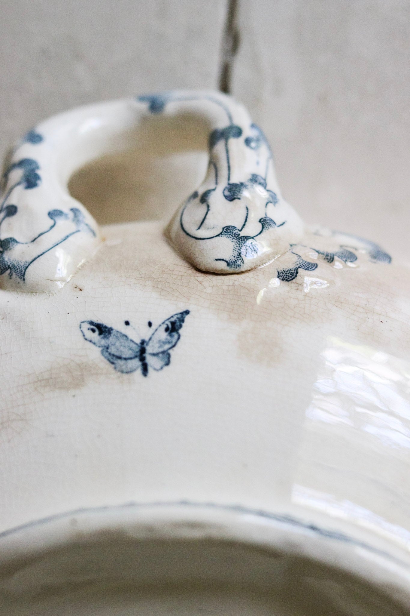 Large Antique French Transferware Tureen with Butterflies and Flowers