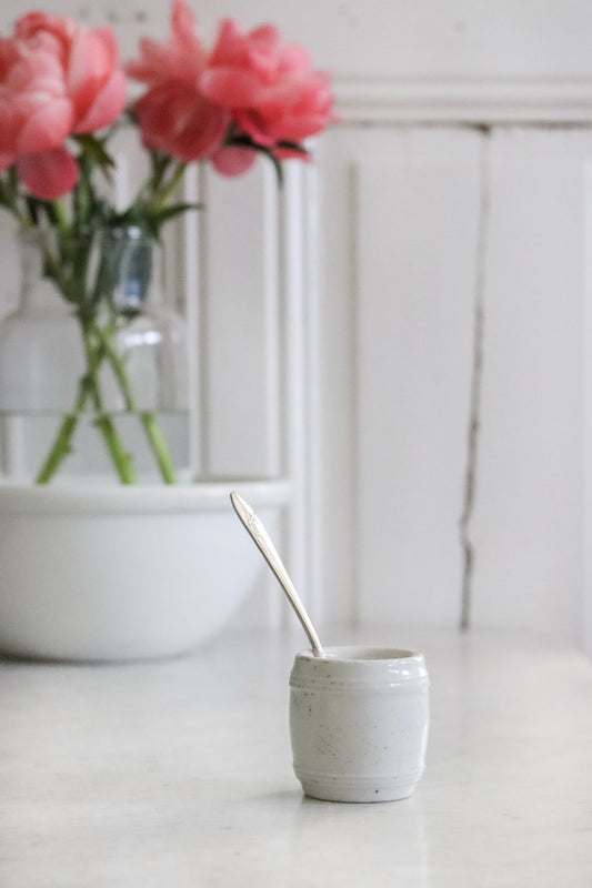 Vintage French Barrel Mustard Pot and Silver Plated Teaspoon
