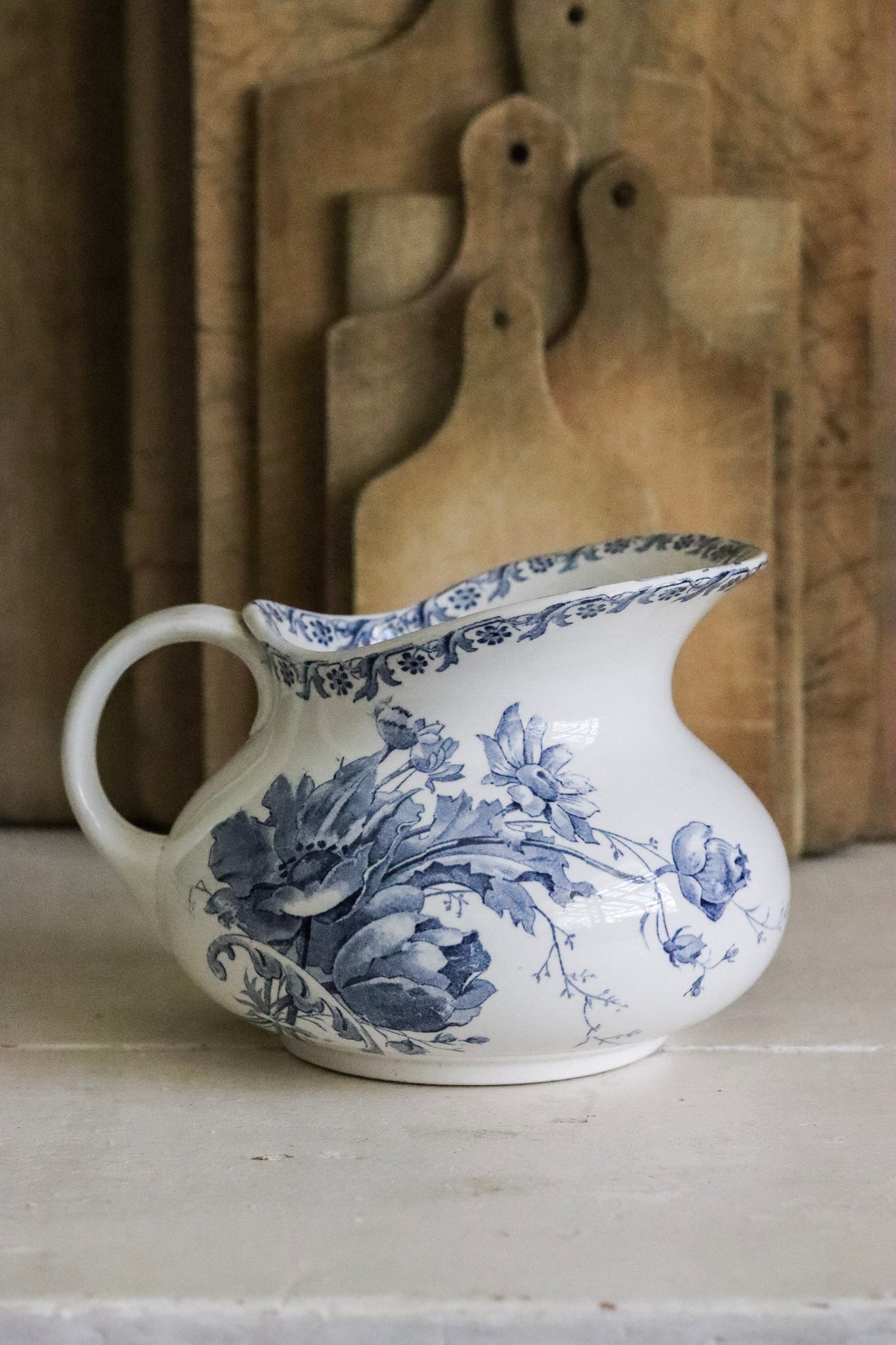 Antique French Transferware Pitcher with Flowers