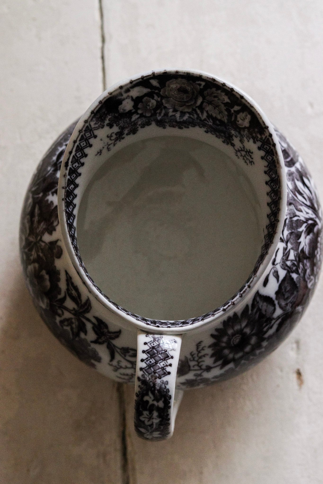 Antique French Black Transferware Pitcher with Flowers No.1
