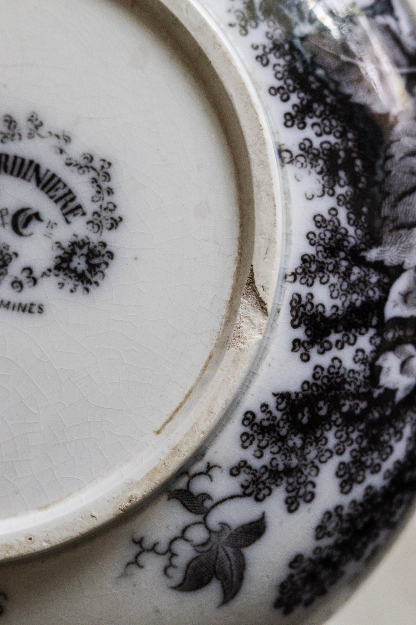 Antique French Black Transferware Pitcher with Flowers No.1