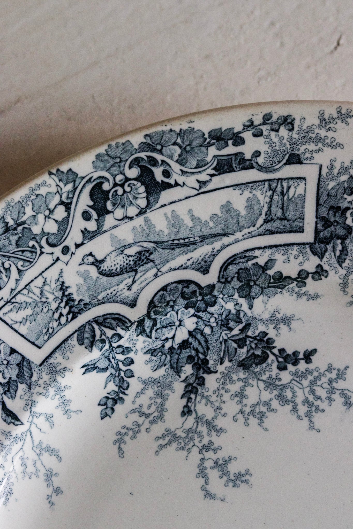 Large Antique French Transferware Round Platter with Pheasants