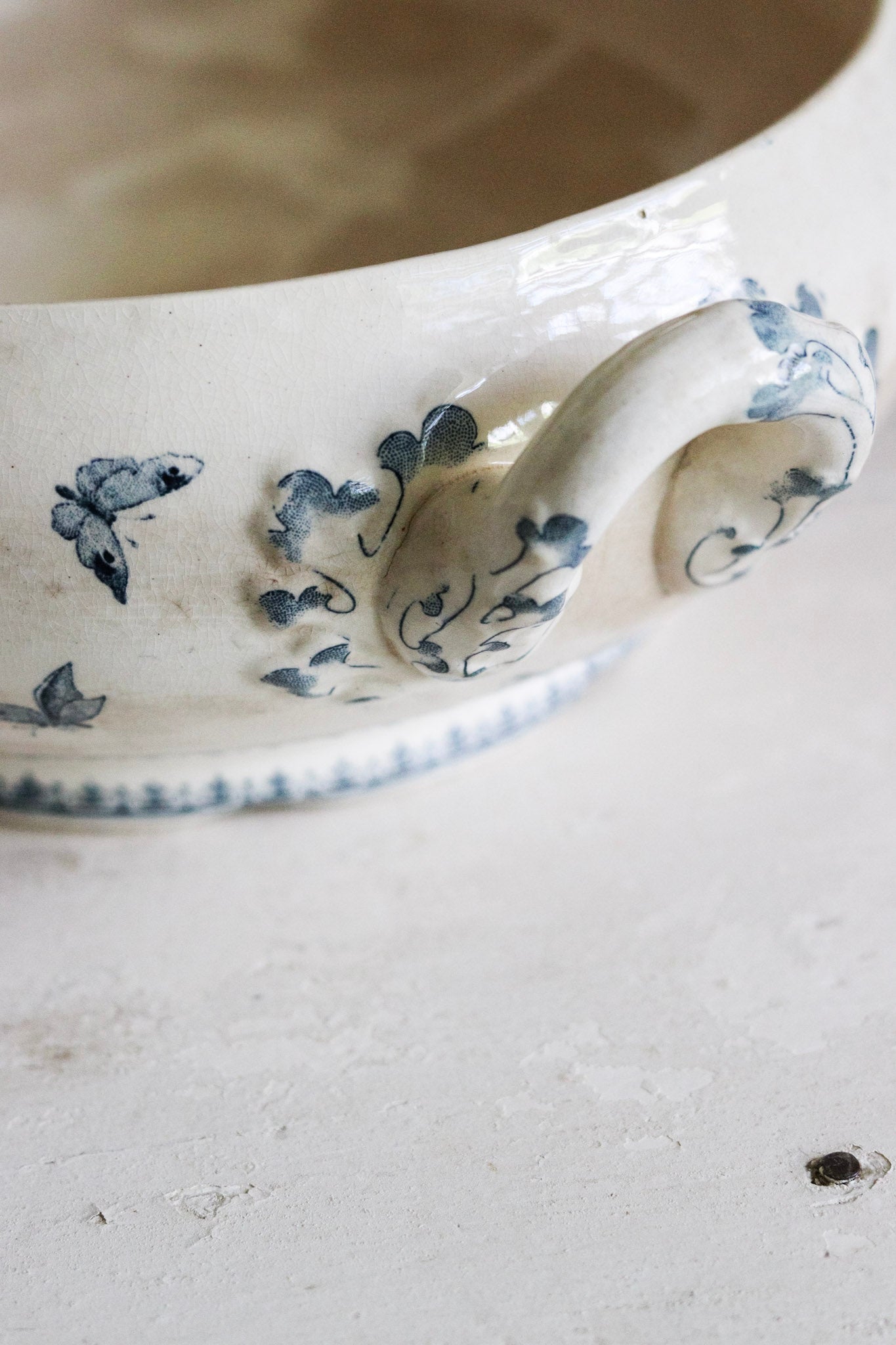 Large Antique French Transferware Tureen with Butterflies and Flowers