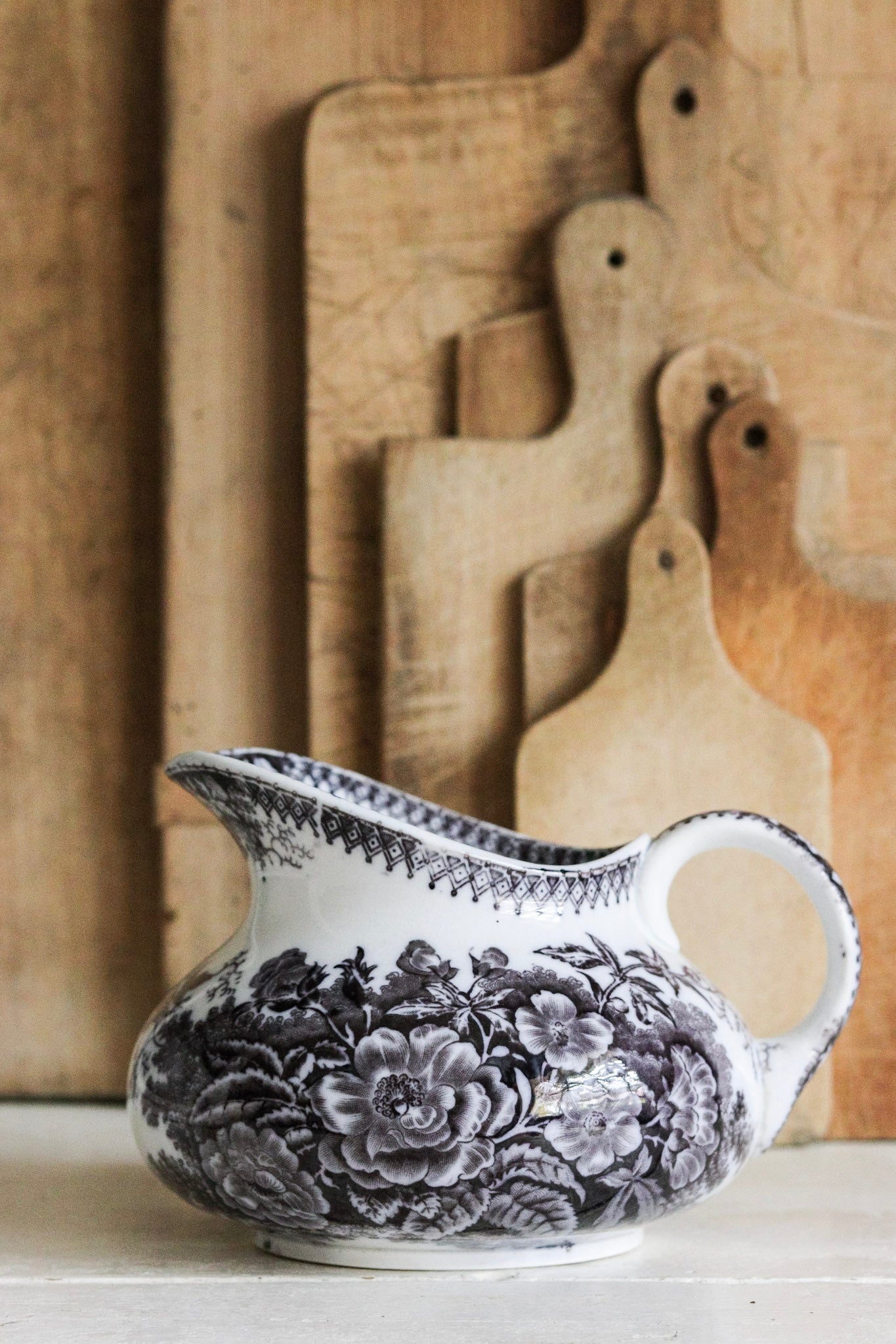 Antique French Black Transferware Pitcher with Flowers No.1