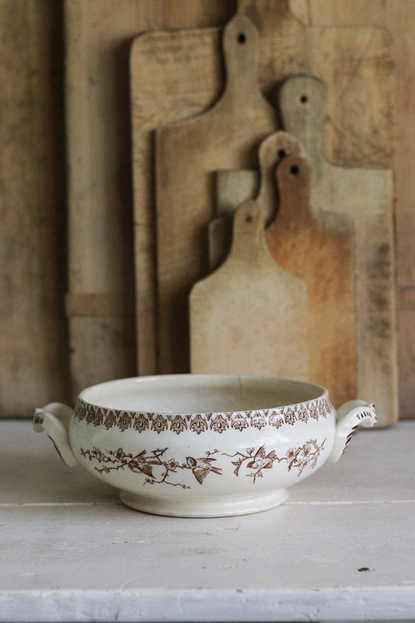 Antique French Transferware Tureen with Birds