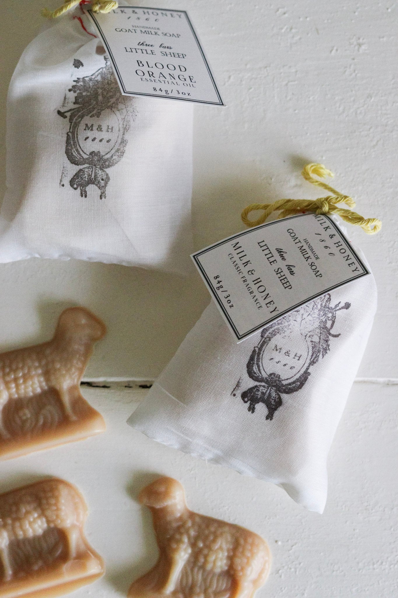 Set of Three Petite Sheep Soaps + Linen Chambray Hand Towel
