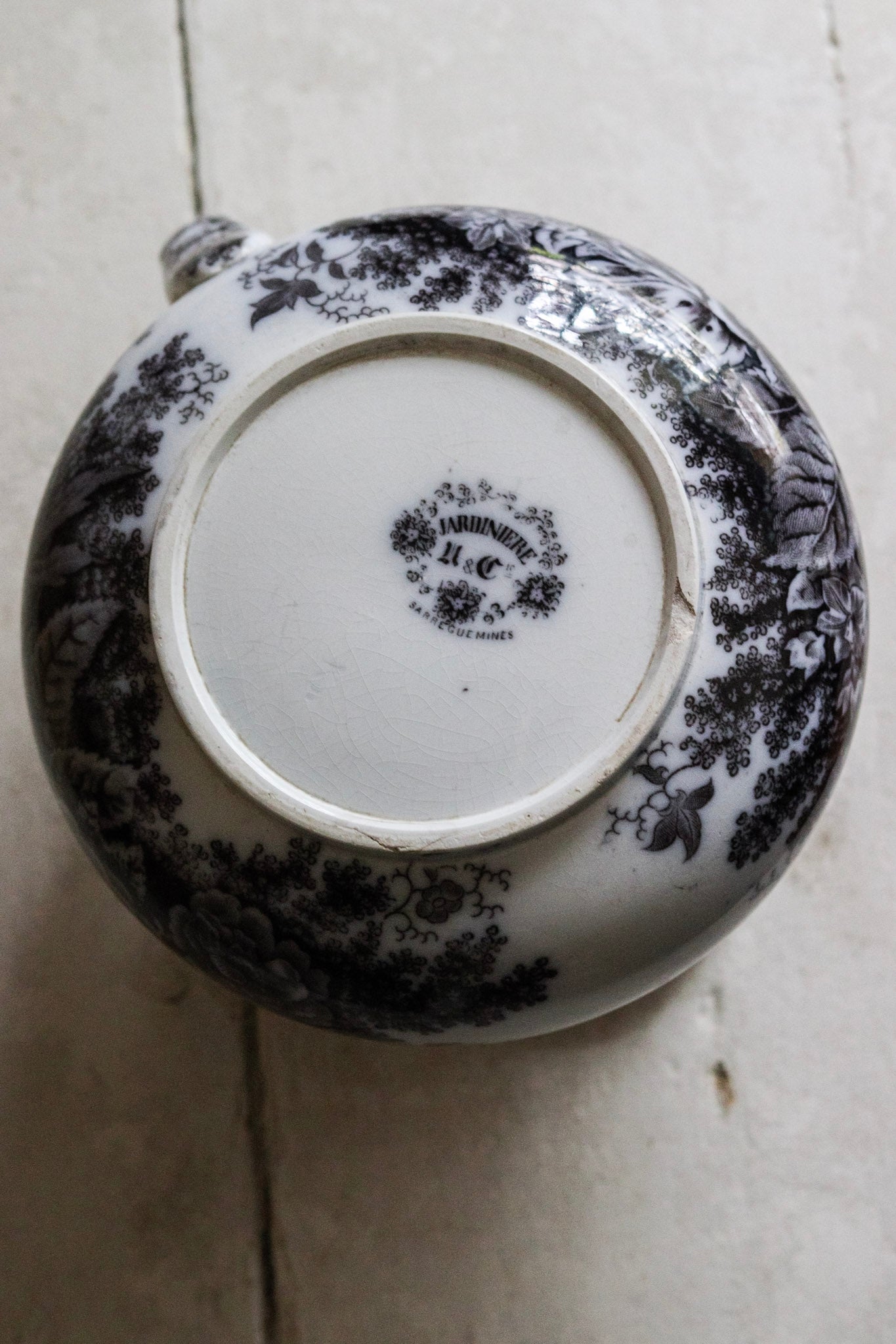 Antique French Black Transferware Pitcher with Flowers No.1