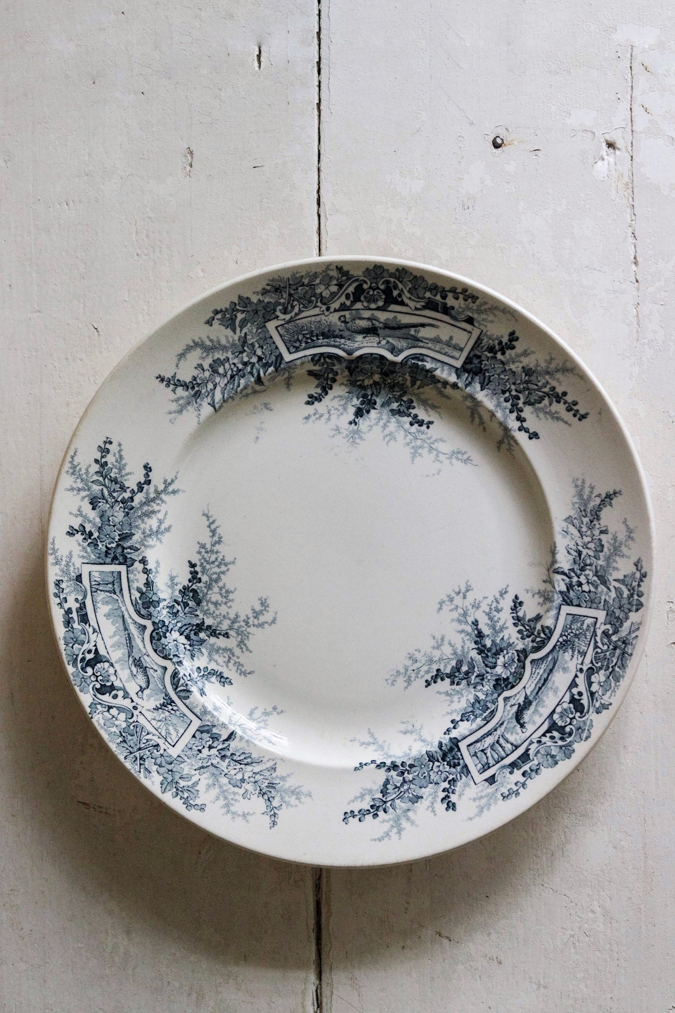 Large Antique French Transferware Round Platter with Pheasants