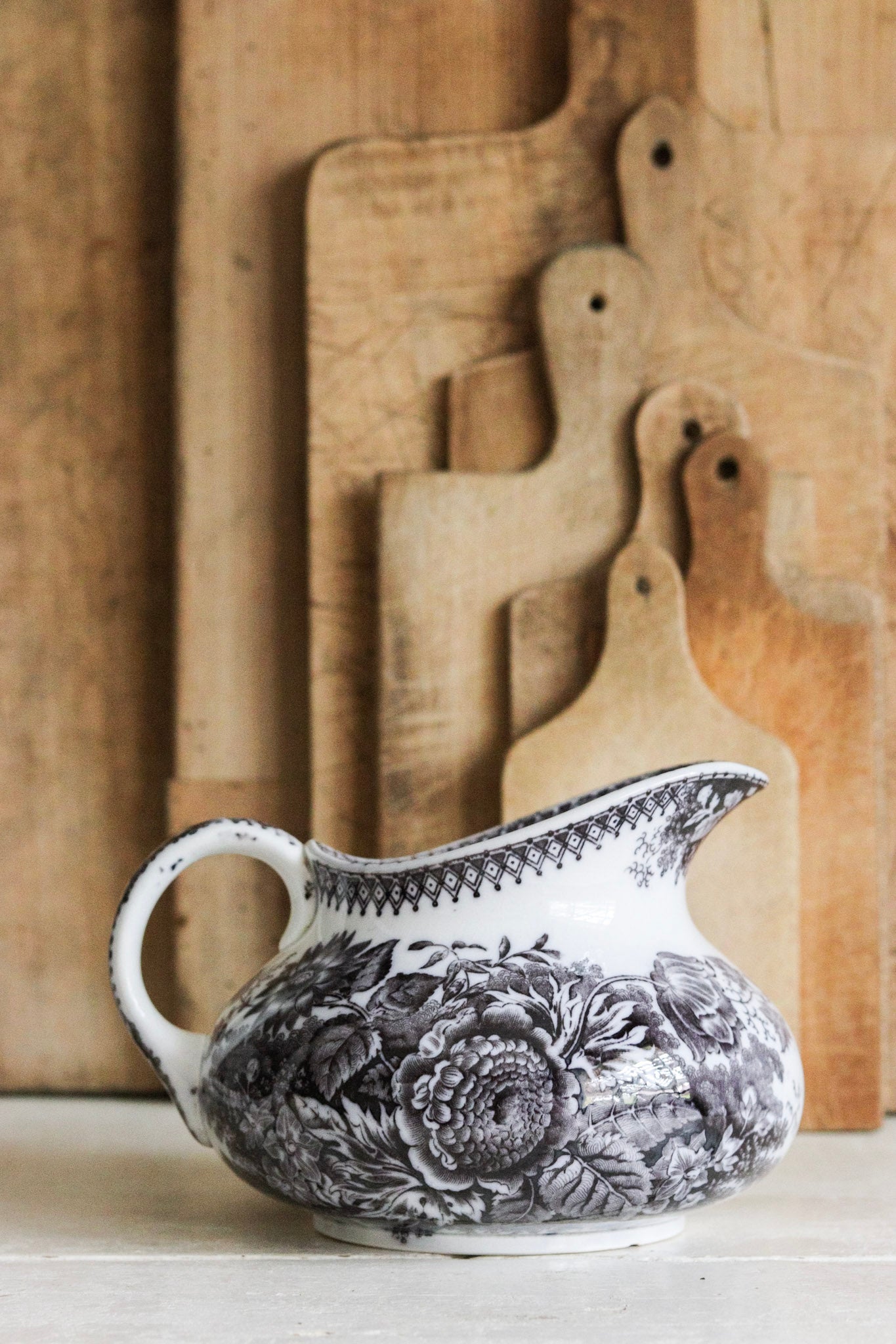 Antique French Black Transferware Pitcher with Flowers No.1