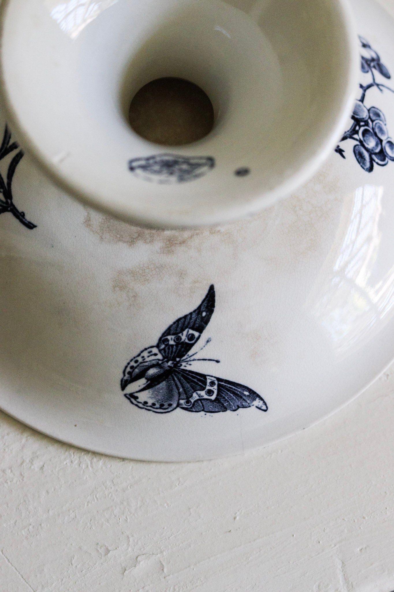 Antique French Transferware Pedestal Fruit Bowl with Blackberries, Flowers and Butterflies