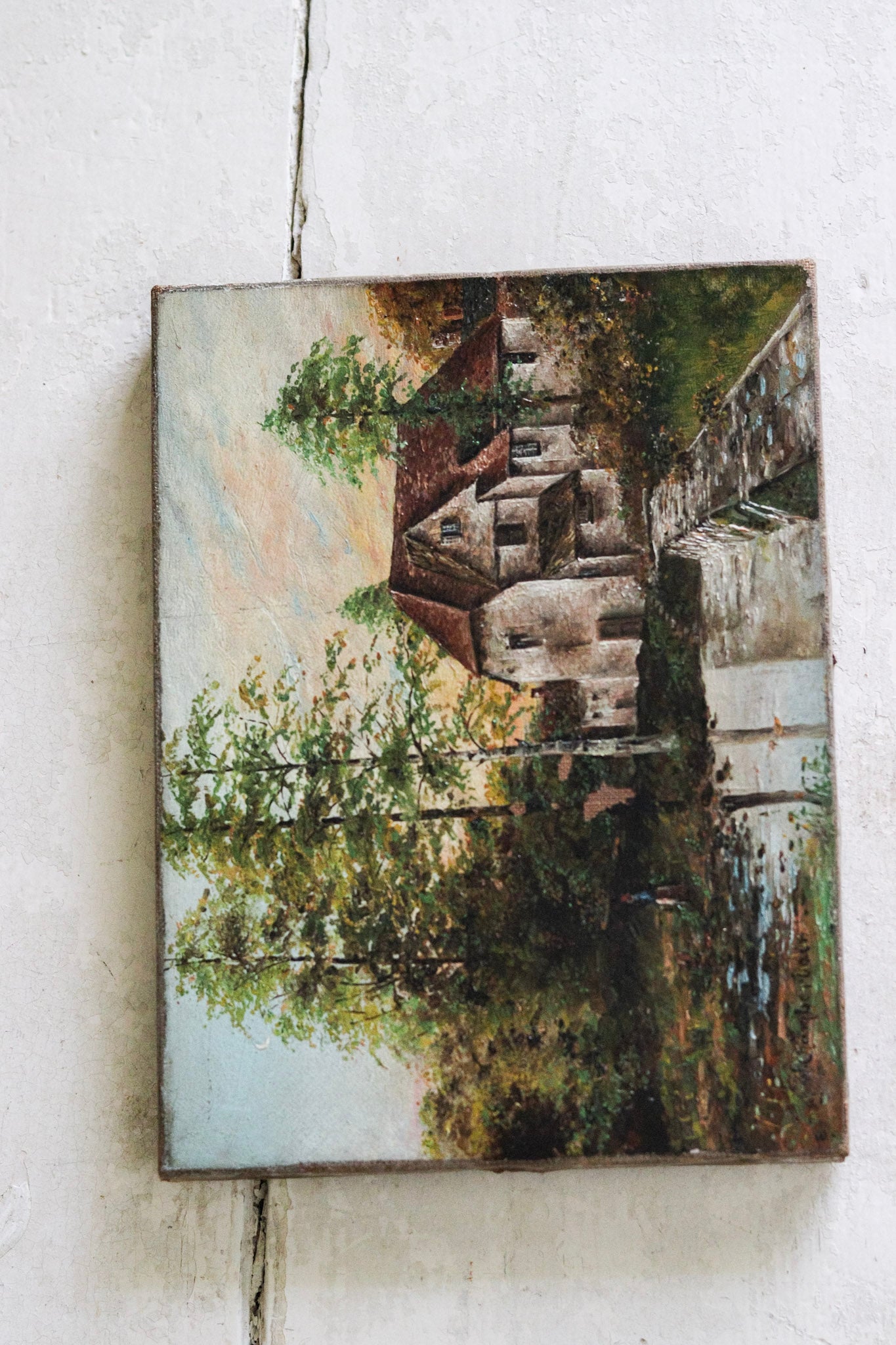 Petite Antique English Oil Painting - Mill on the Frome 1881
