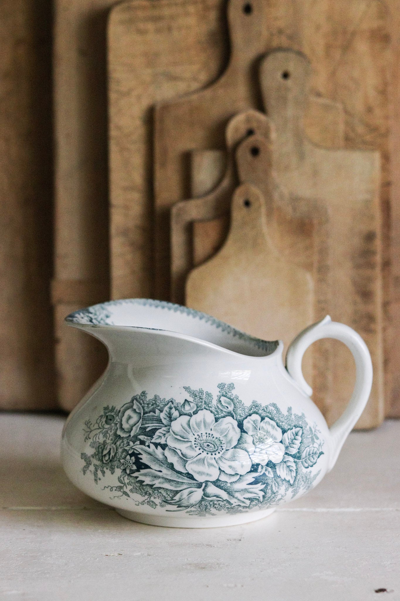Antique French Transferware Pitcher with Flowers