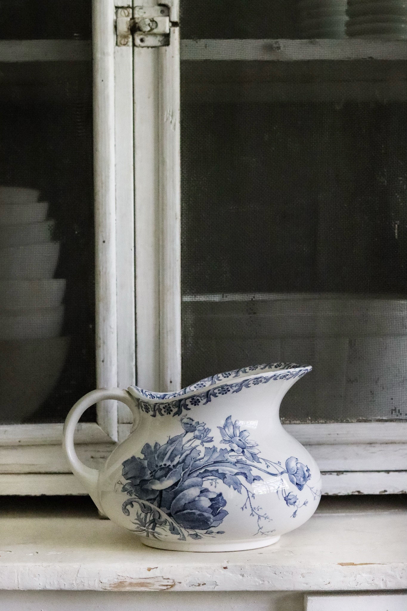 Antique French Transferware Pitcher with Flowers