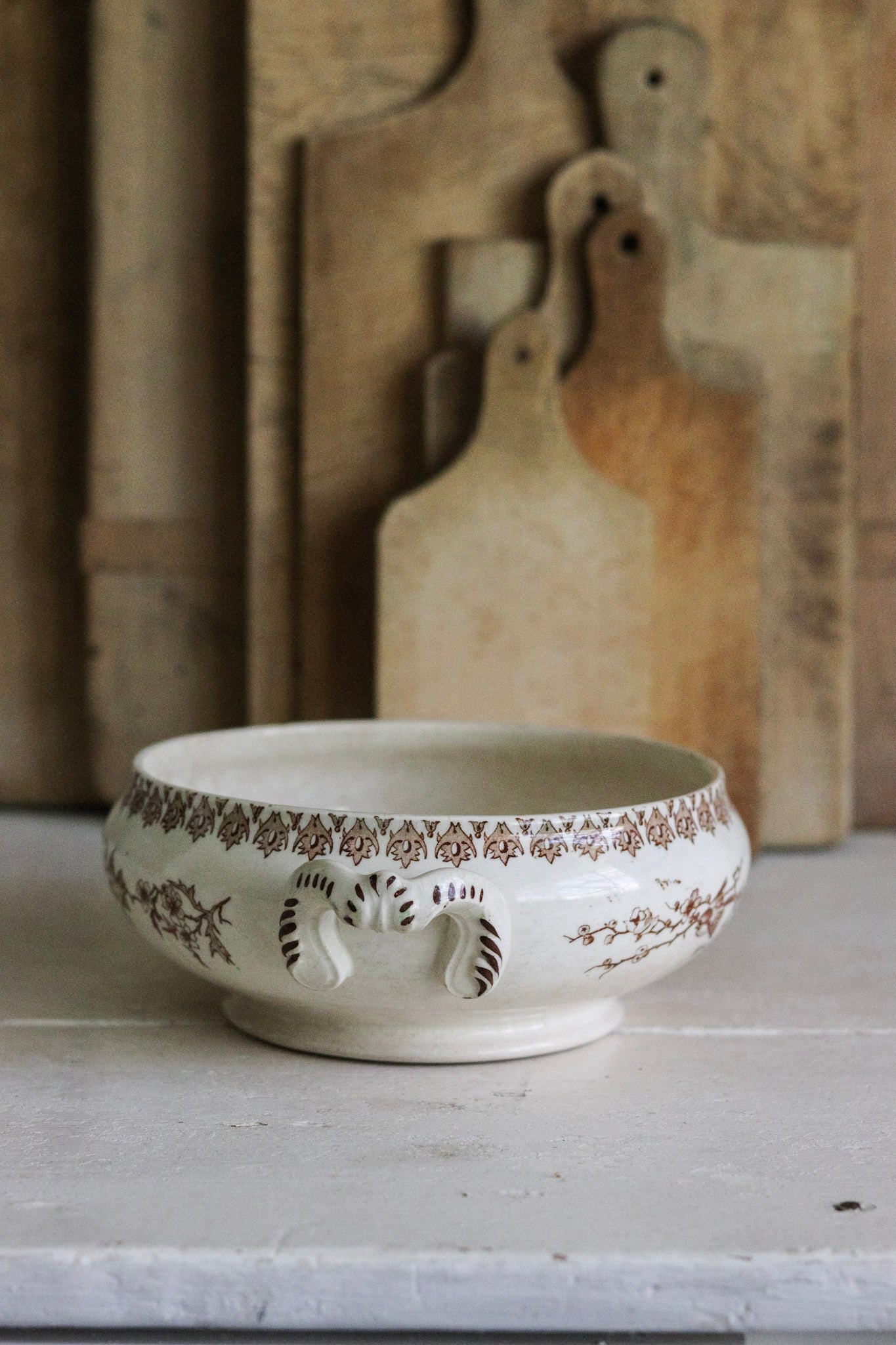 Antique French Transferware Tureen with Birds