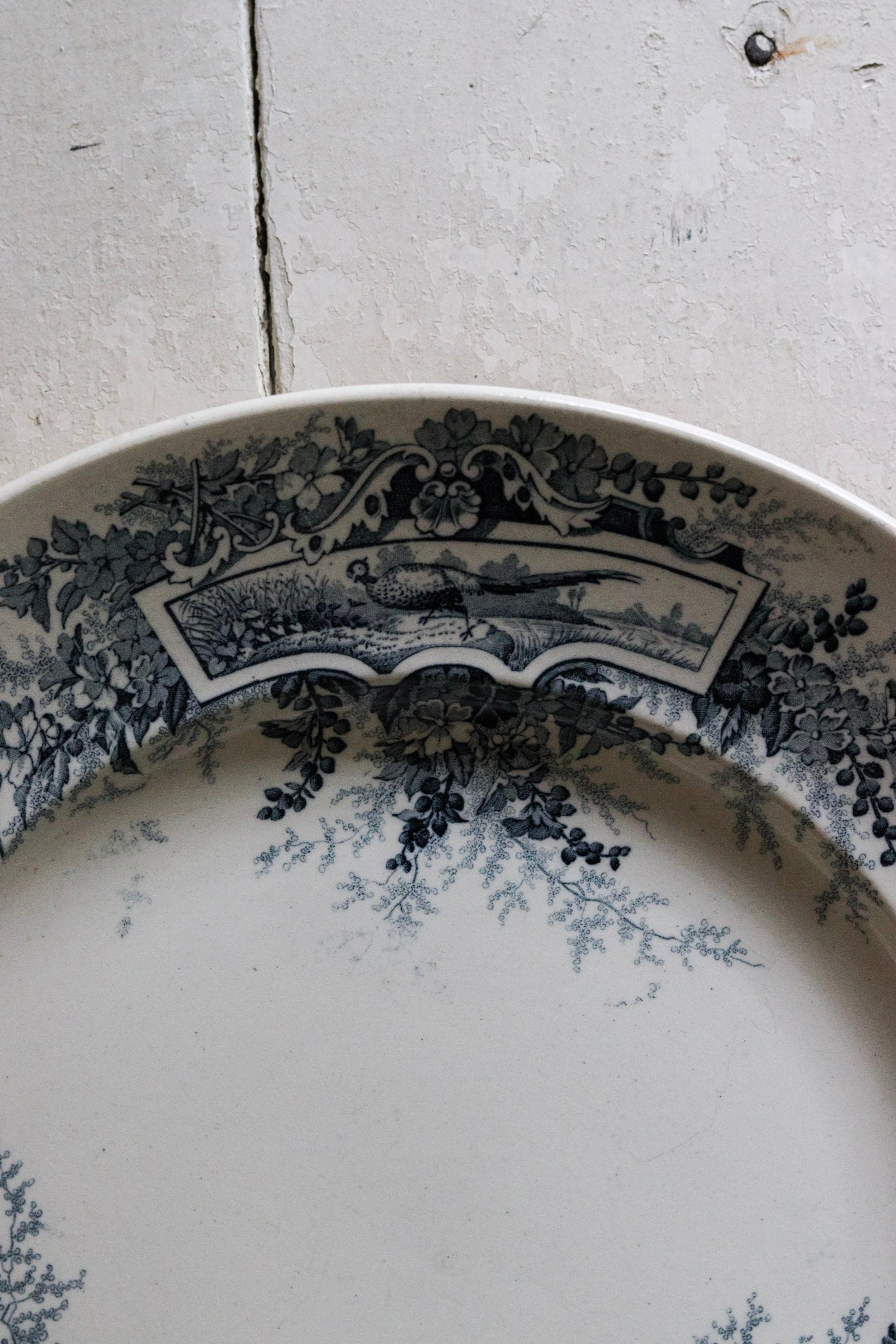 Large Antique French Transferware Round Platter with Pheasants