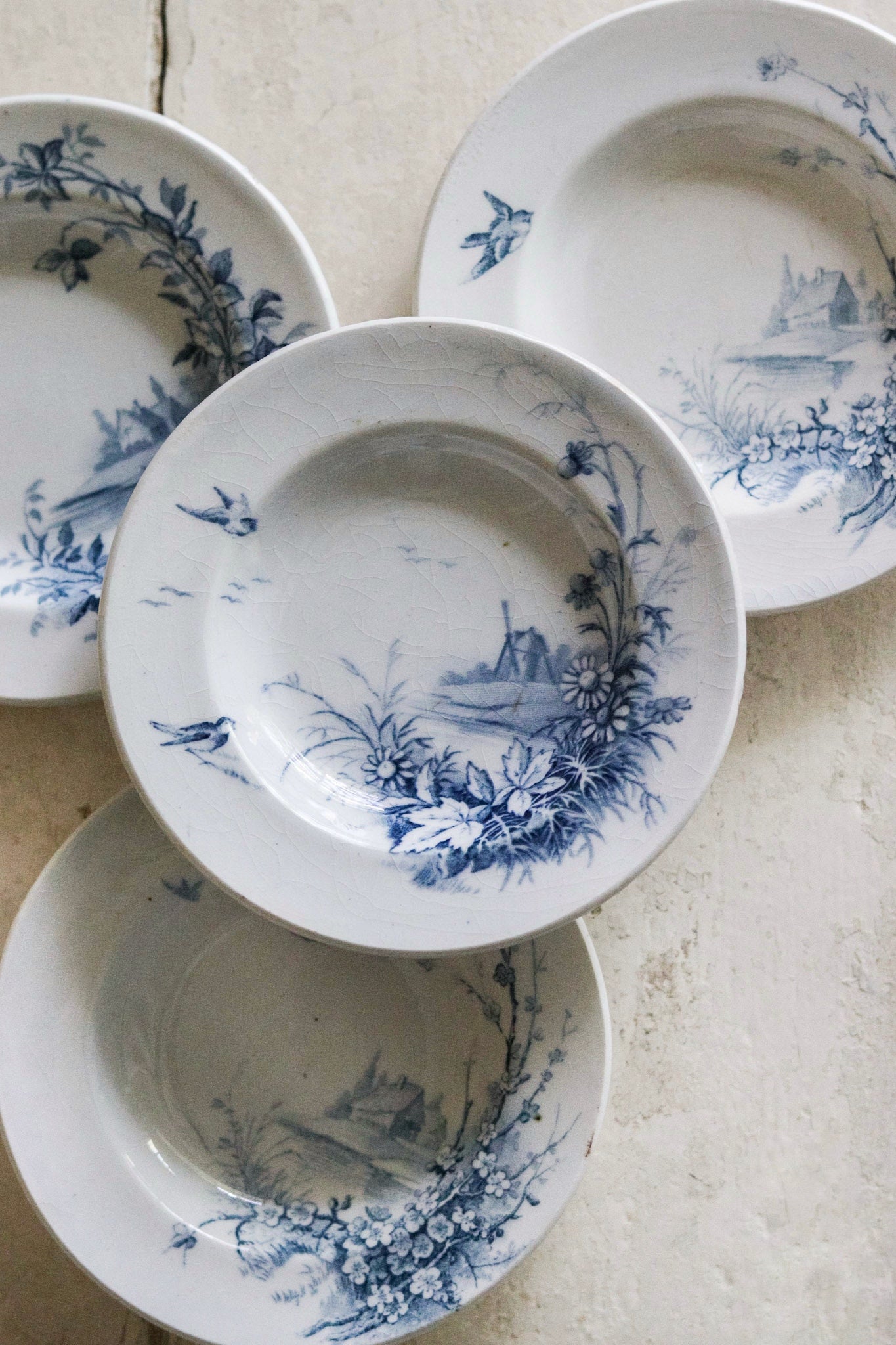 Set of Antique French Dînette Set Transferware Shallow Bowls No. 1