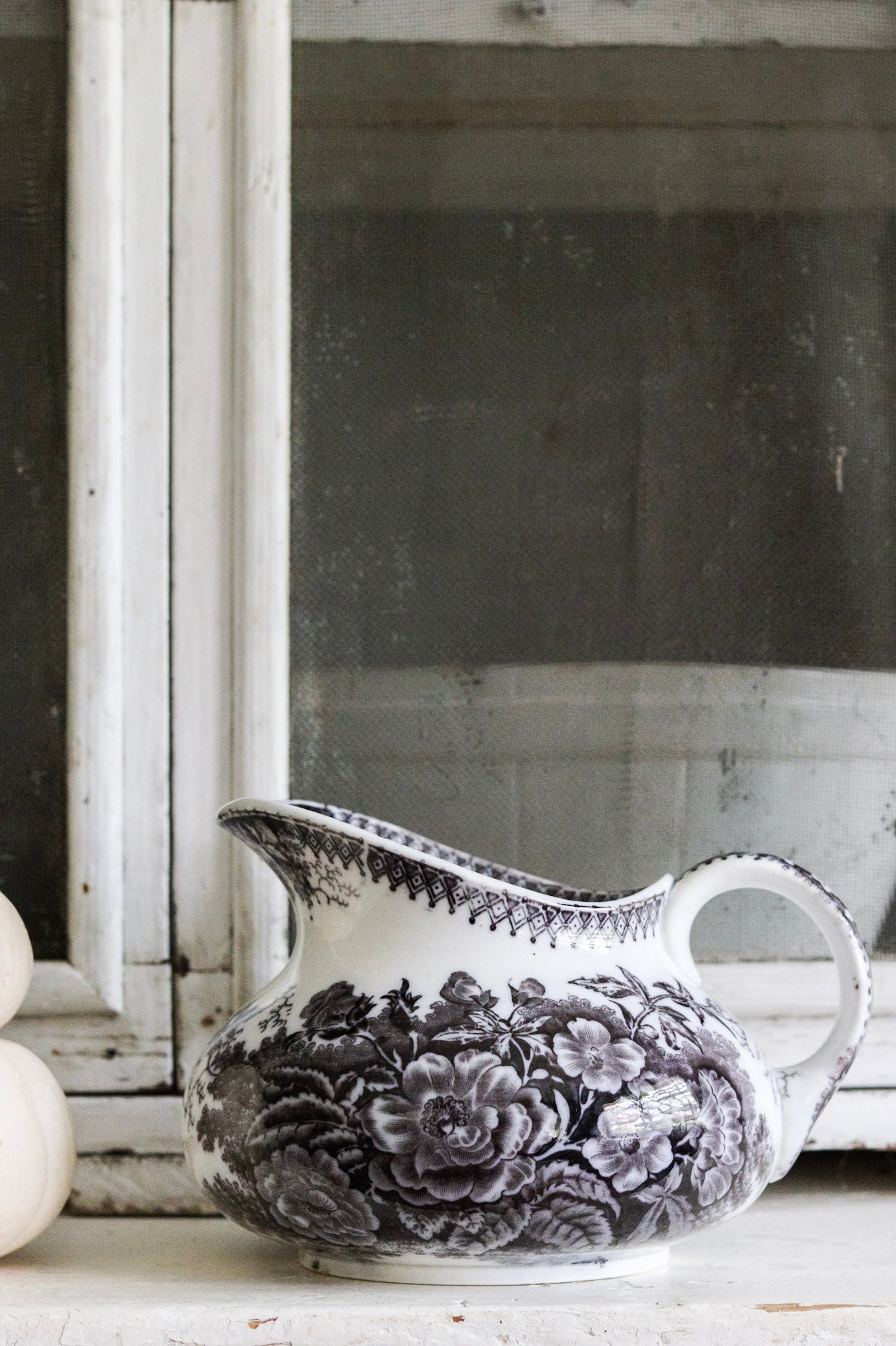 Antique French Black Transferware Pitcher with Flowers No.1