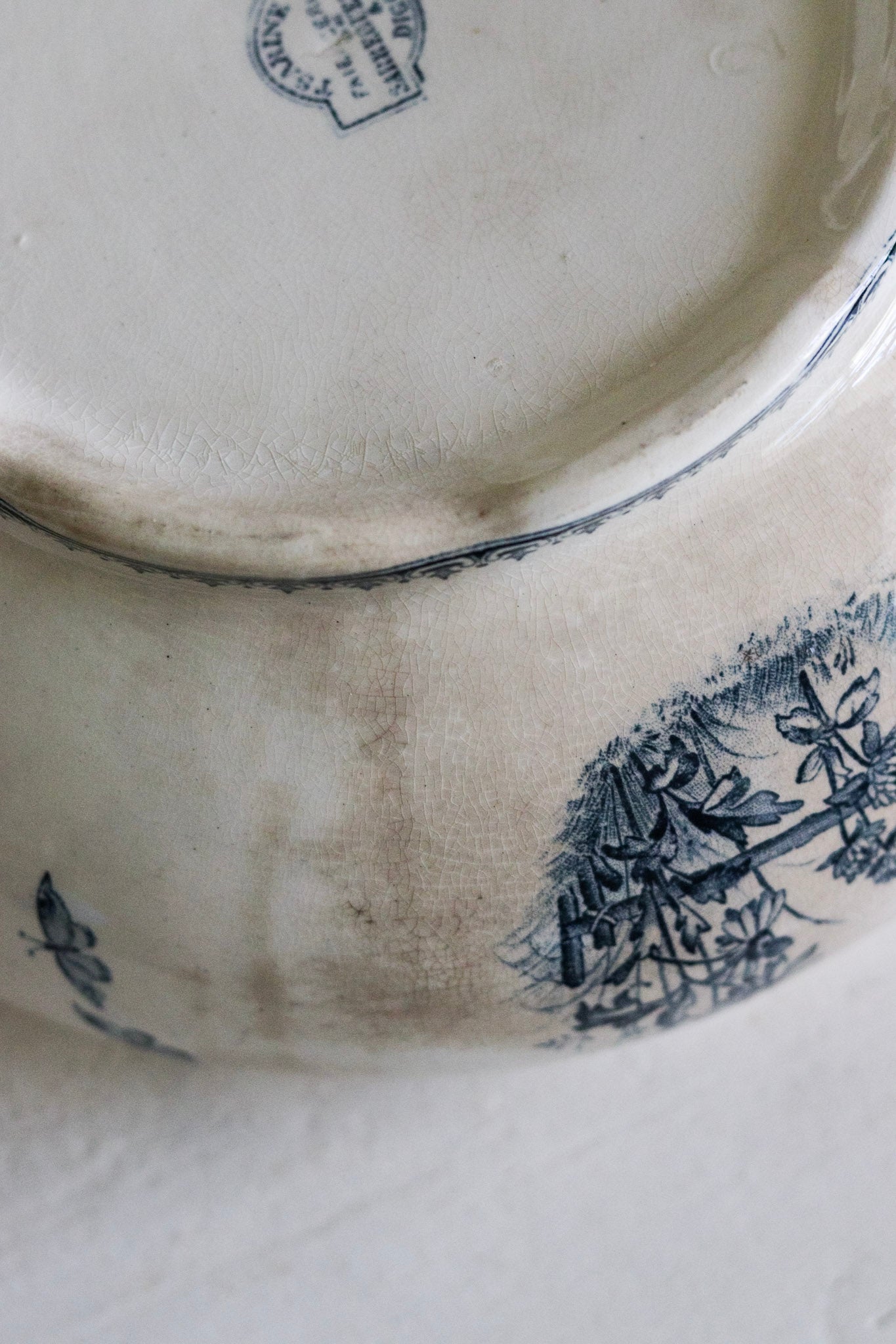 Large Antique French Transferware Tureen with Butterflies and Flowers