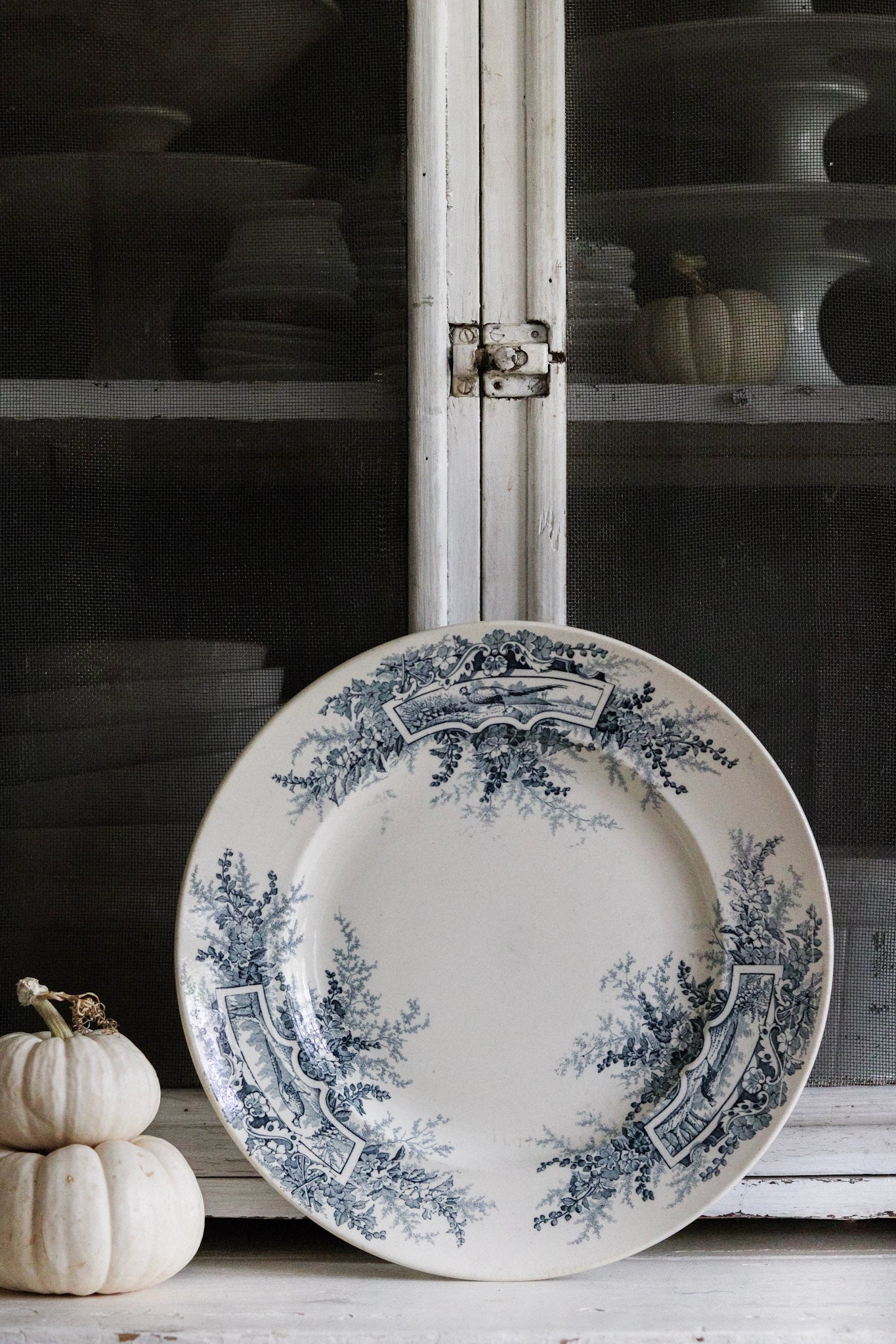 Large Antique French Transferware Round Platter with Pheasants