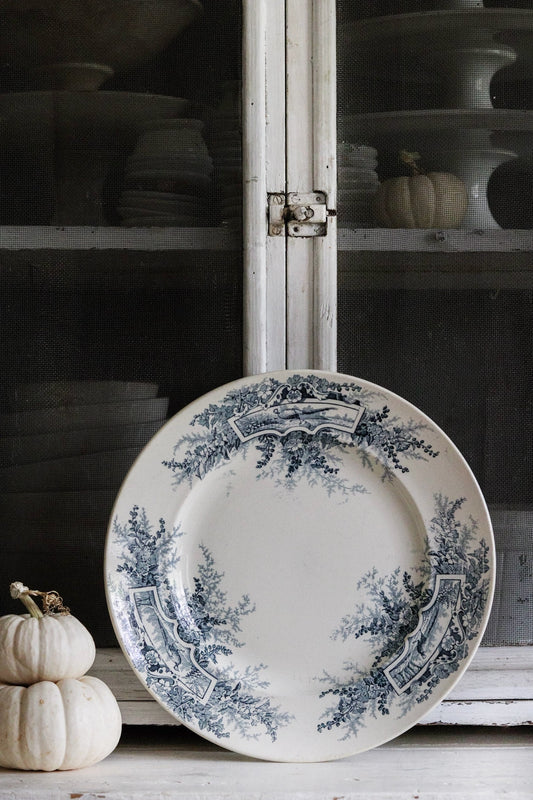 Large Antique French Transferware Round Platter with Pheasants