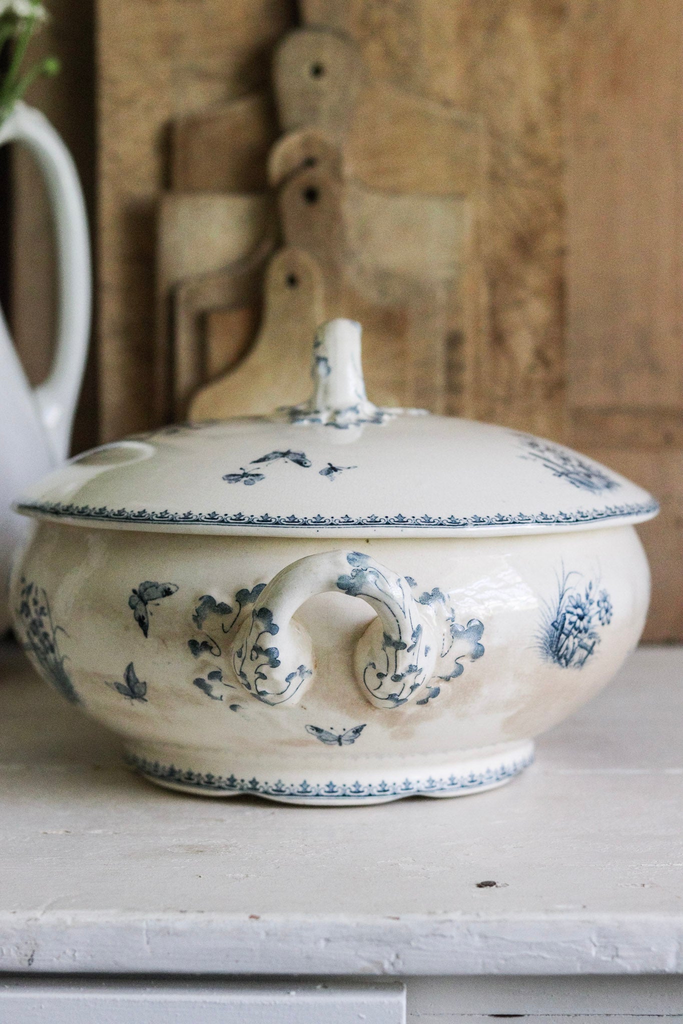 Large Antique French Transferware Tureen with Butterflies and Flowers