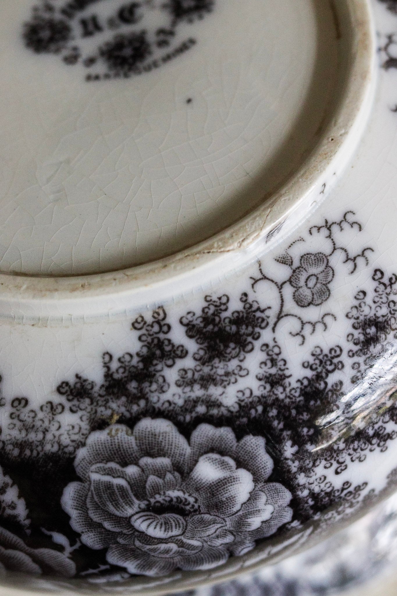 Antique French Black Transferware Pitcher with Flowers No.1