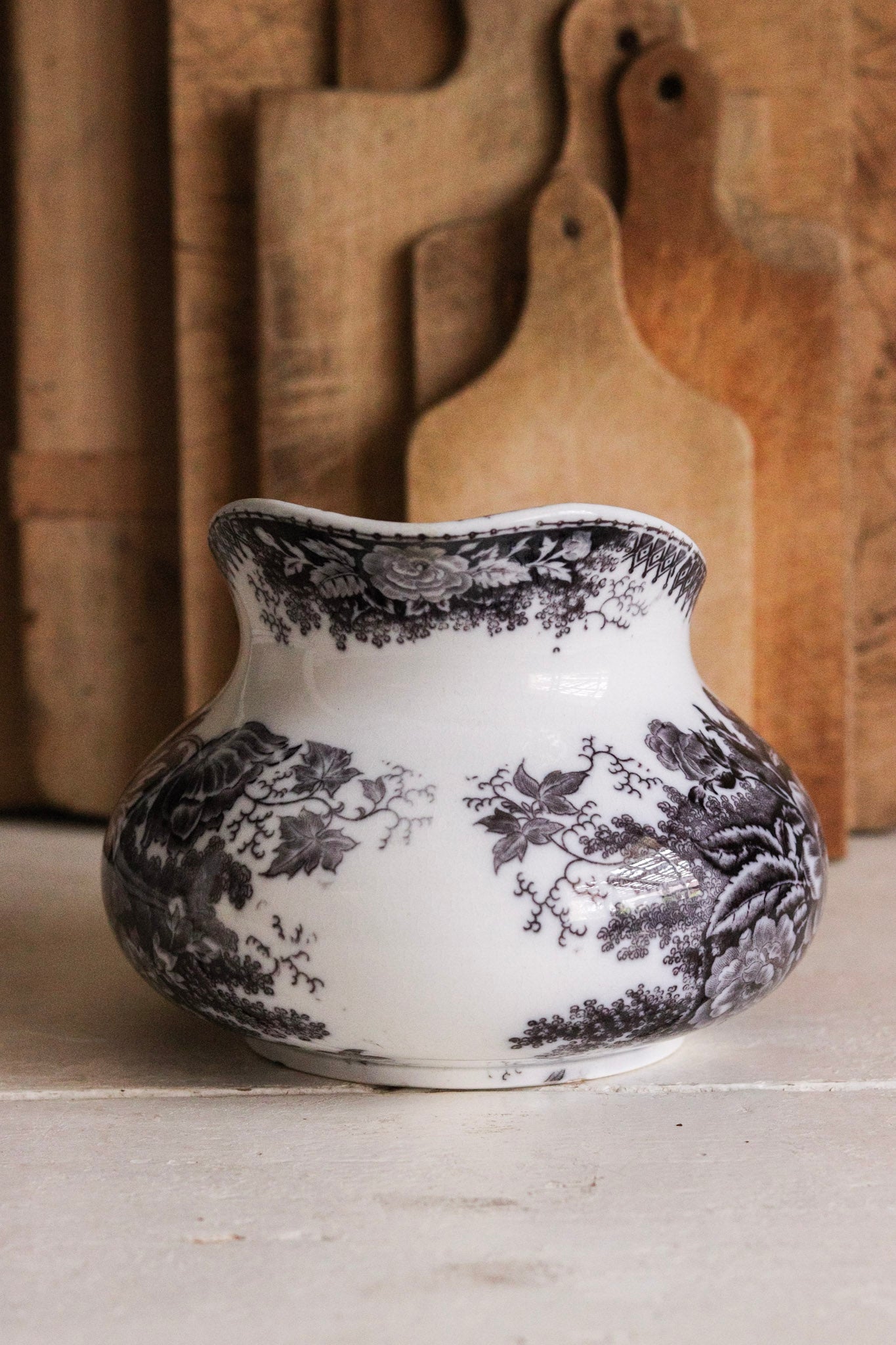 Antique French Black Transferware Pitcher with Flowers No.1