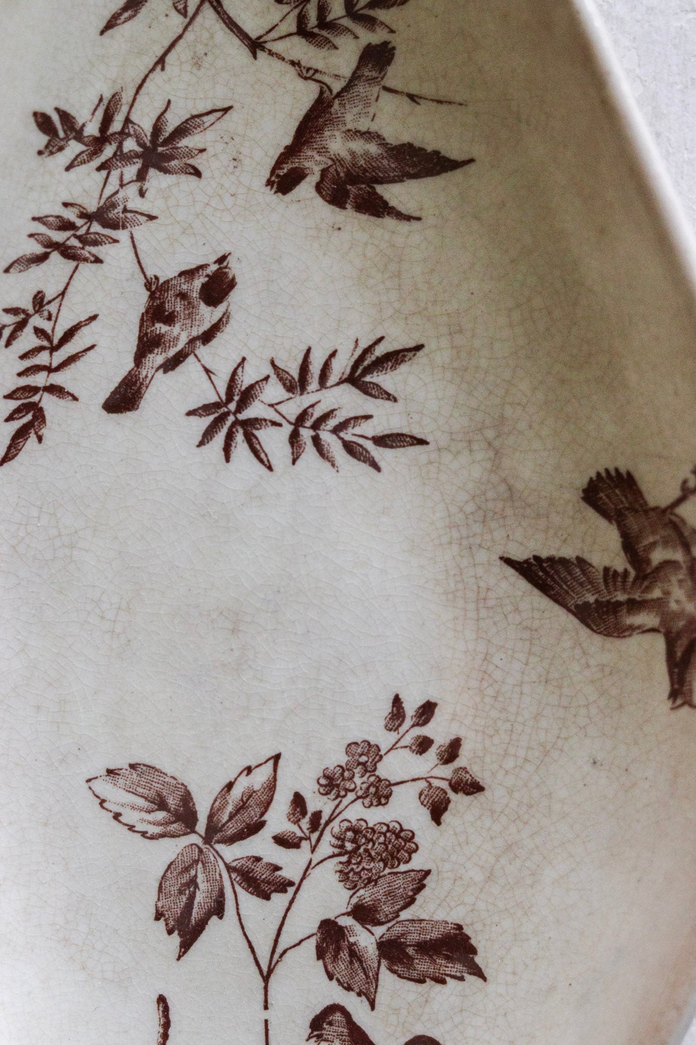 Antique French Brown Transferware Dish with Birds