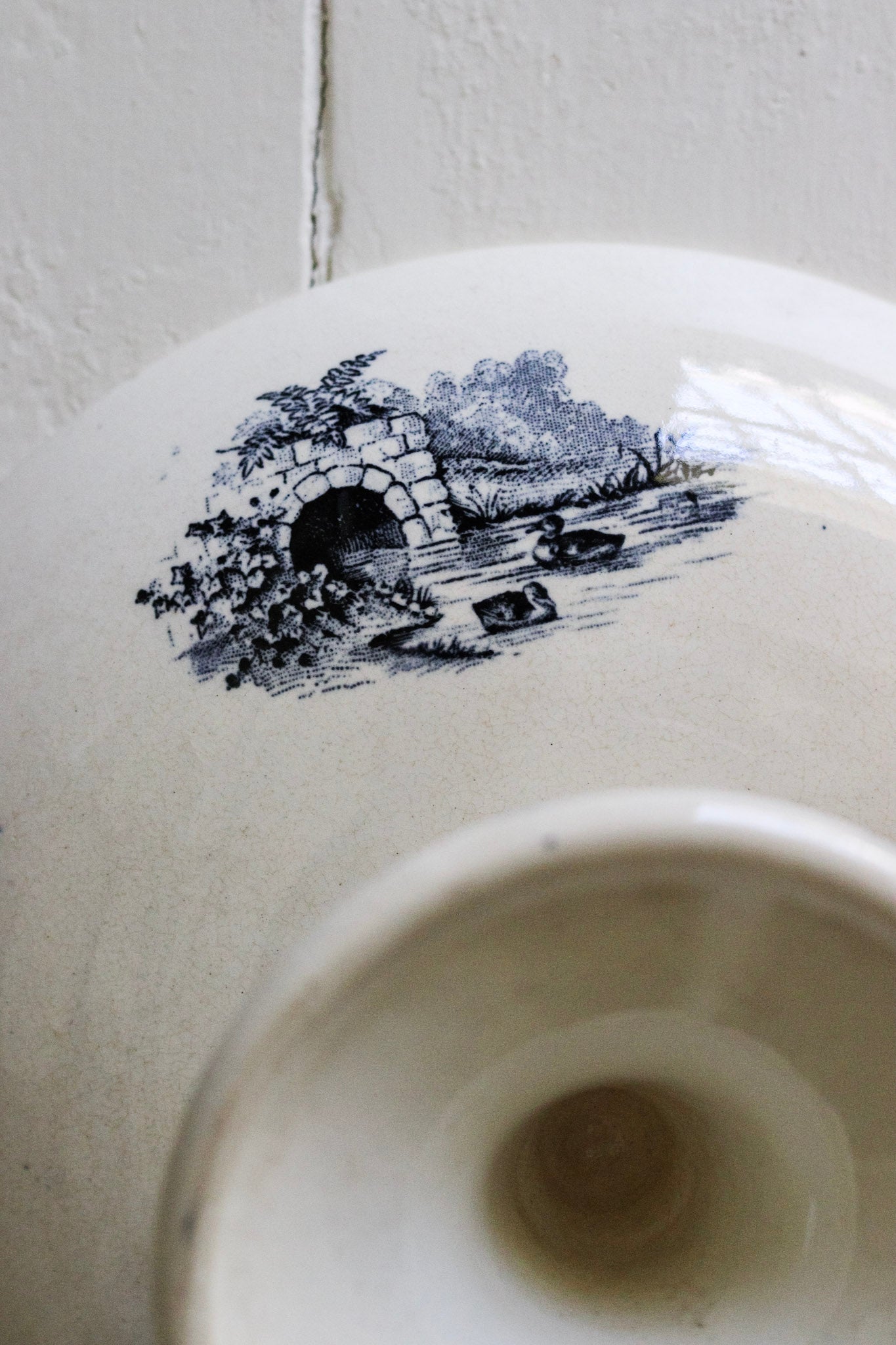Antique French Transferware Pedestal Fruit Bowl with Farm Scene