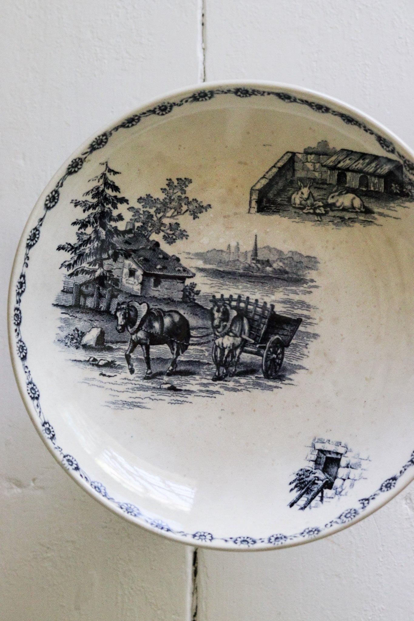 Antique French Transferware Pedestal Fruit Bowl with Farm Scene