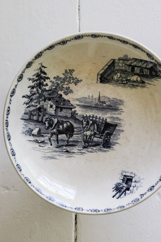 Antique French Transferware Pedestal Fruit Bowl with Farm Scene