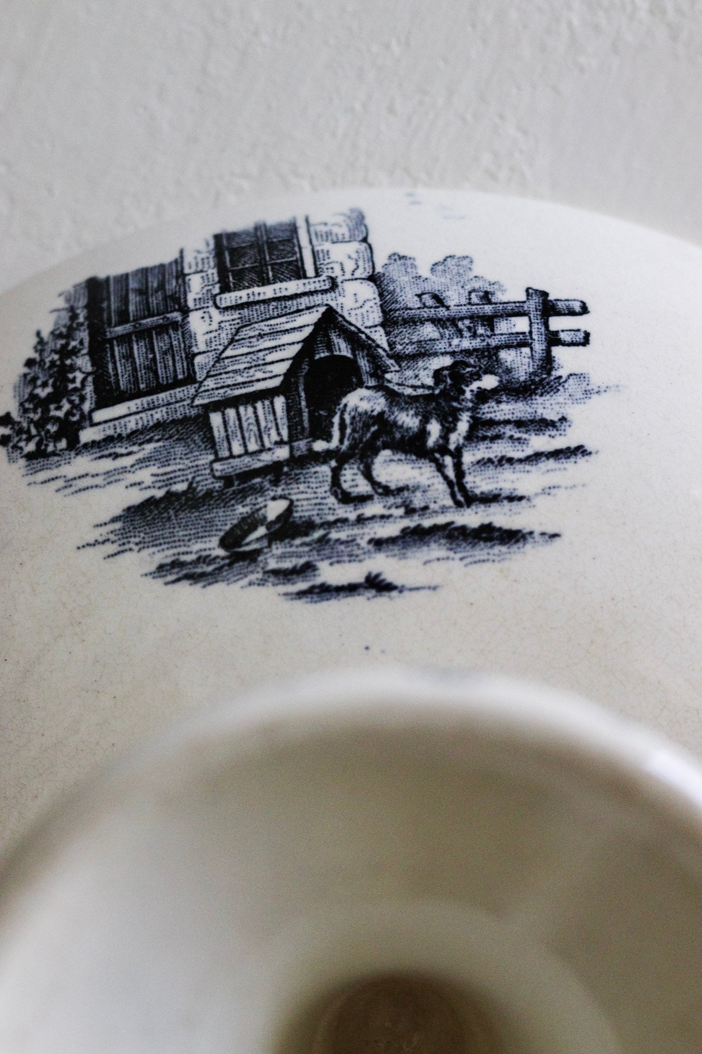 Antique French Transferware Pedestal Fruit Bowl with Farm Scene
