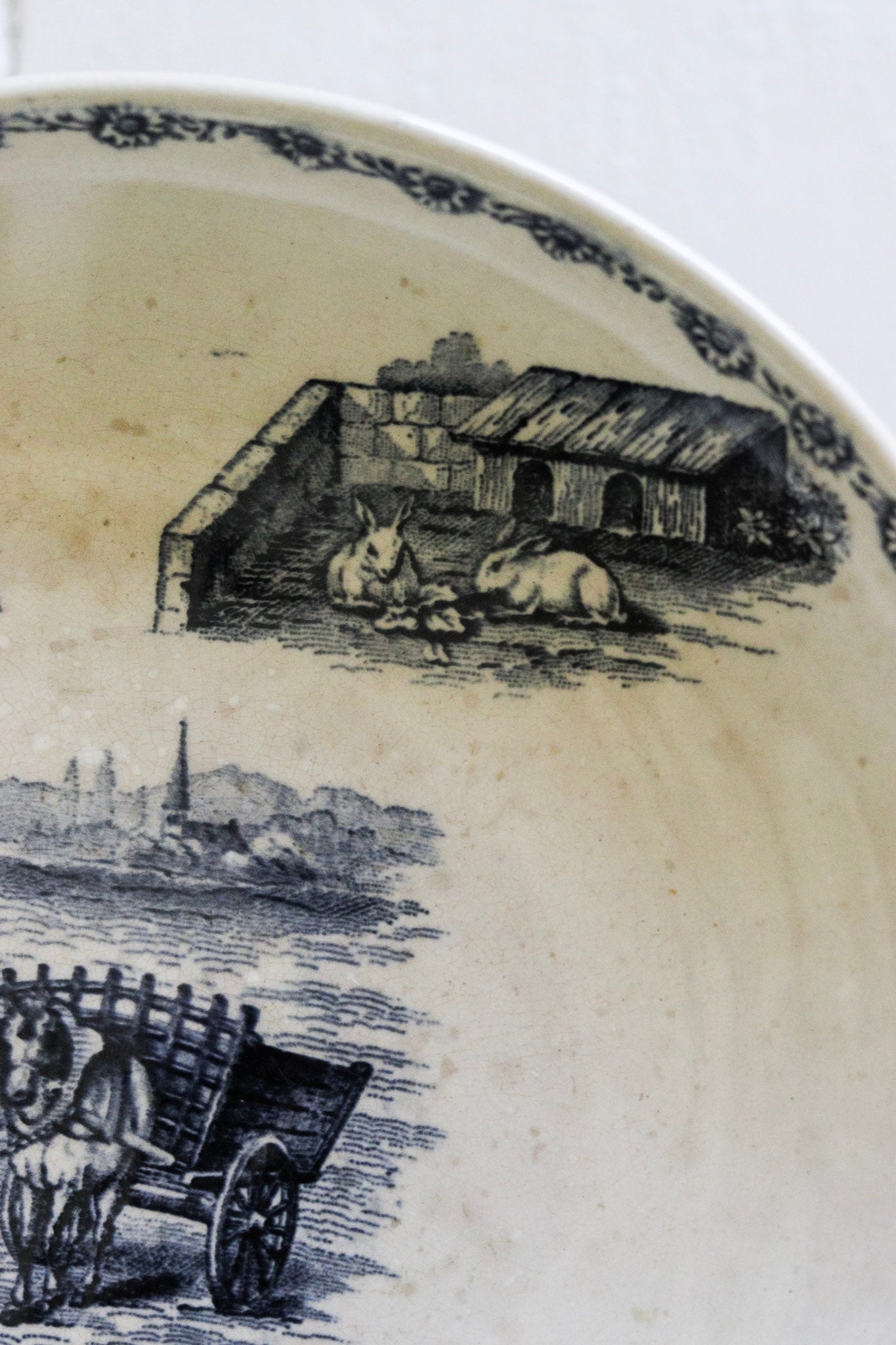 Antique French Transferware Pedestal Fruit Bowl with Farm Scene