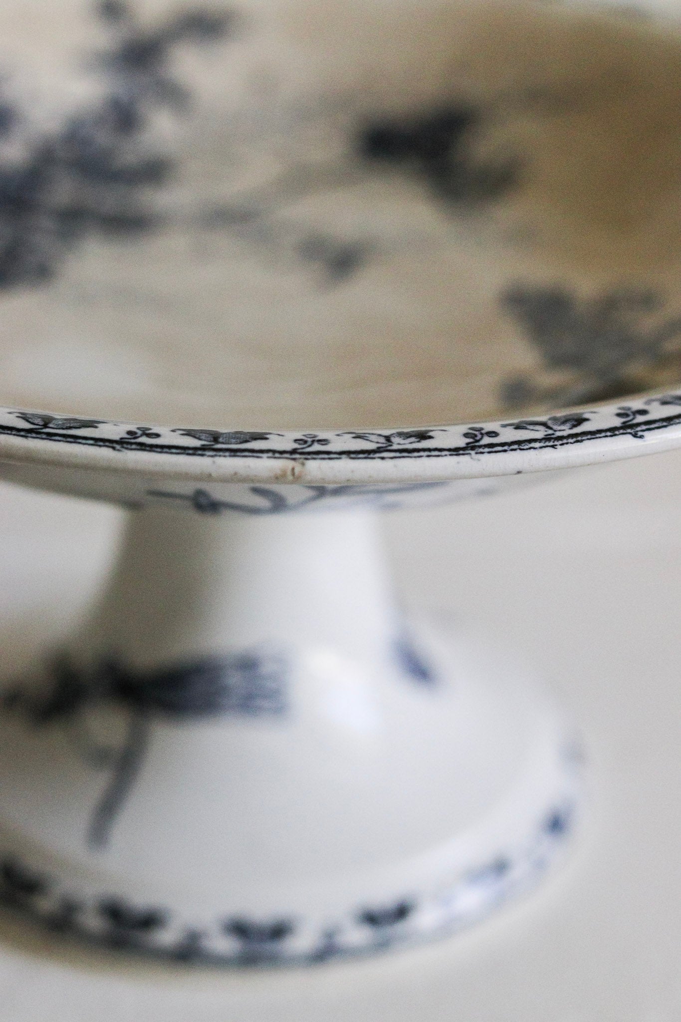 Antique French Transferware Pedestal Fruit Bowl with Blackberries, Flowers and Butterflies