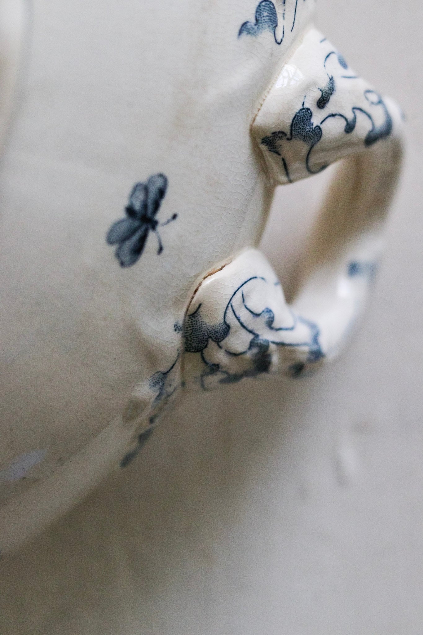 Large Antique French Transferware Tureen with Butterflies and Flowers