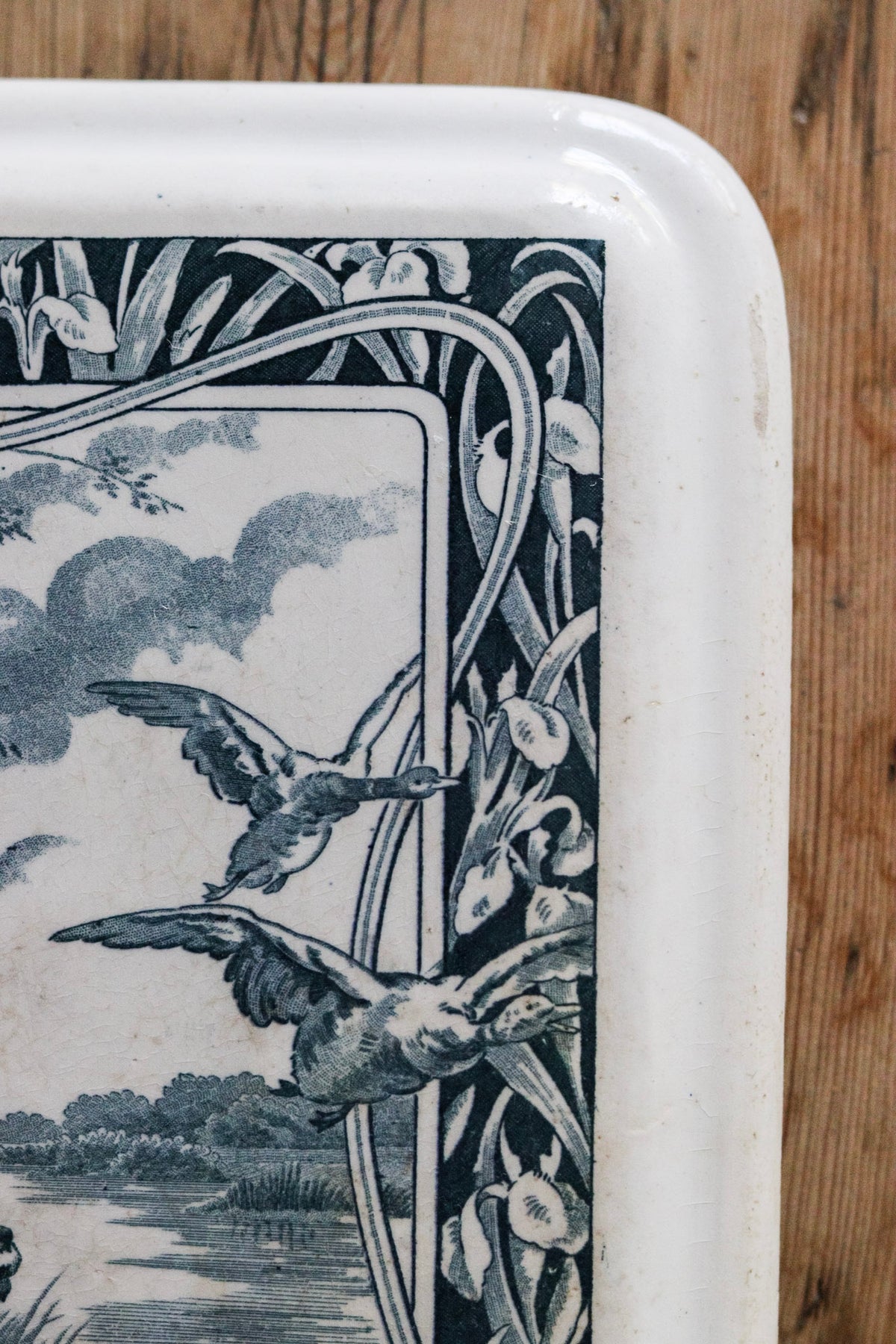 Vintage French Transferware Trivet Tile with Dog and Ducks