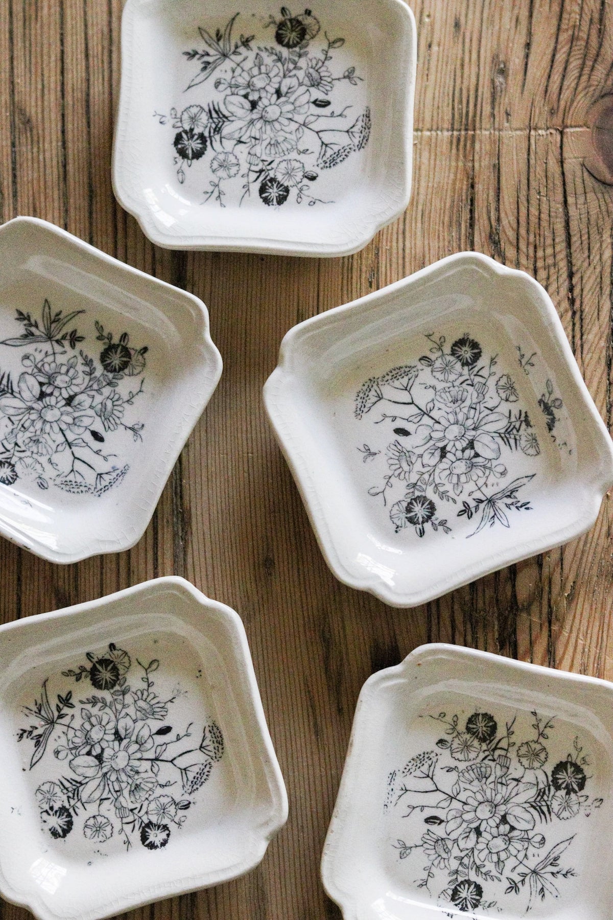 English Floral Transferware Butter Pats - Set of Five