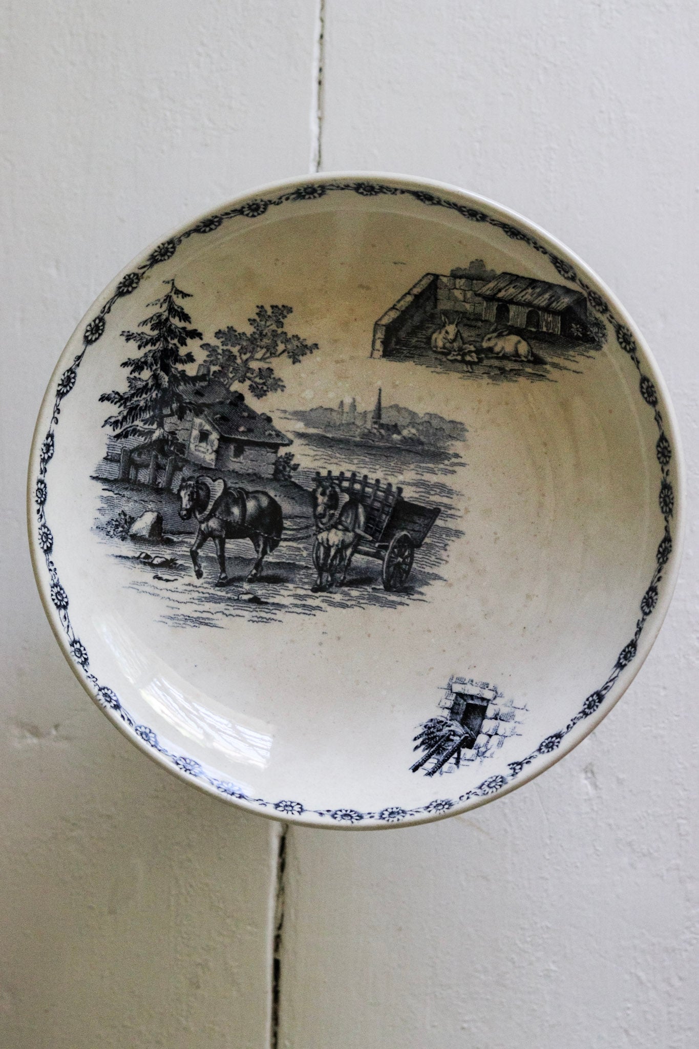 Antique French Transferware Pedestal Fruit Bowl with Farm Scene