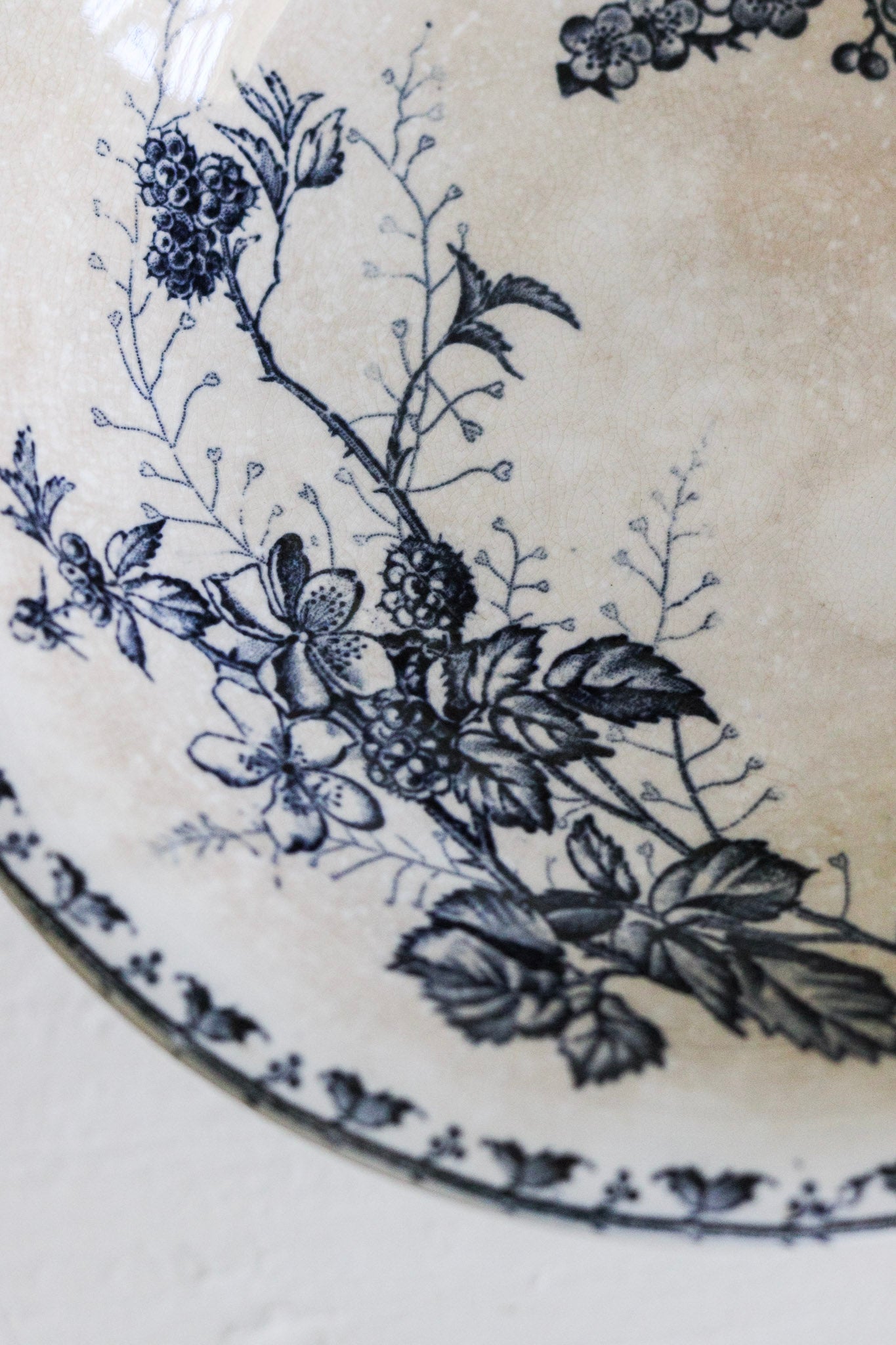 Antique French Transferware Pedestal Fruit Bowl with Blackberries, Flowers and Butterflies