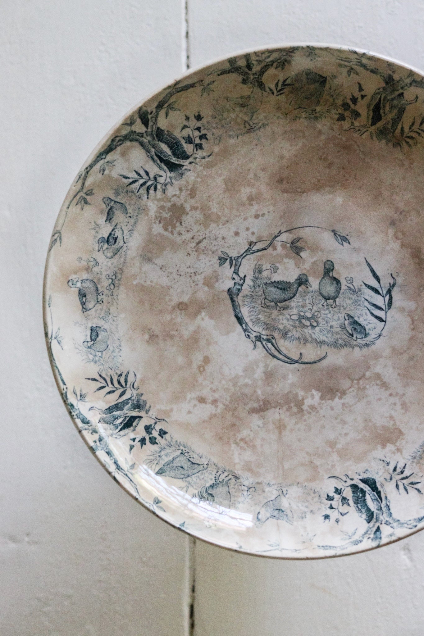 Antique French Transferware Pedestal Fruit Bowl with Ducks, Chickens and a Frog -Please Read Description