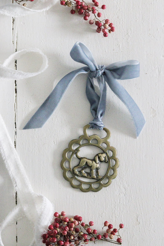 English Horse Brass with Velvet Ribbon - Hound