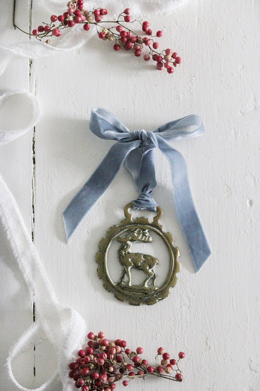 English Horse Brass with Velvet Ribbon - Stag