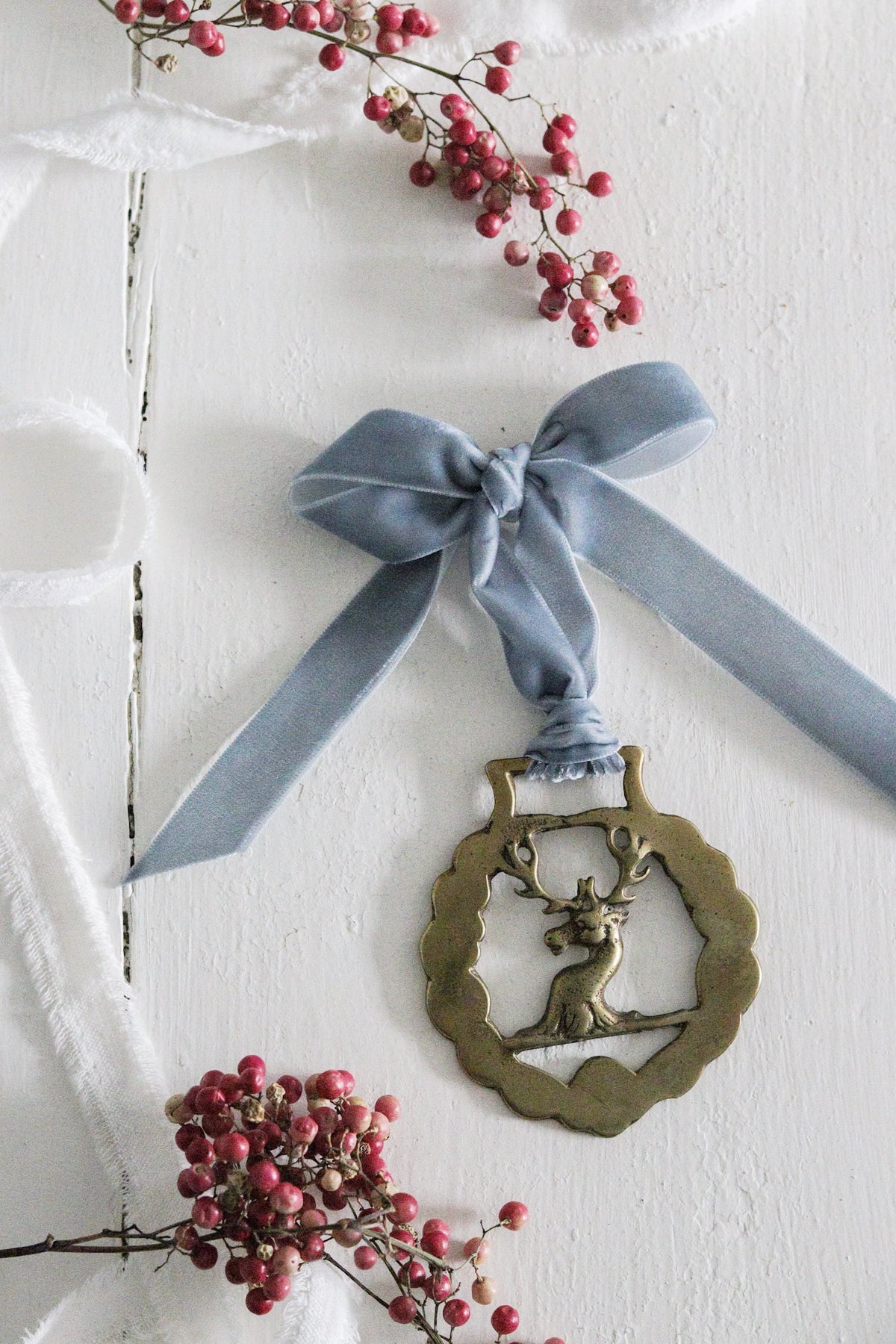 English Horse Brass with Velvet Ribbon - Stag Head