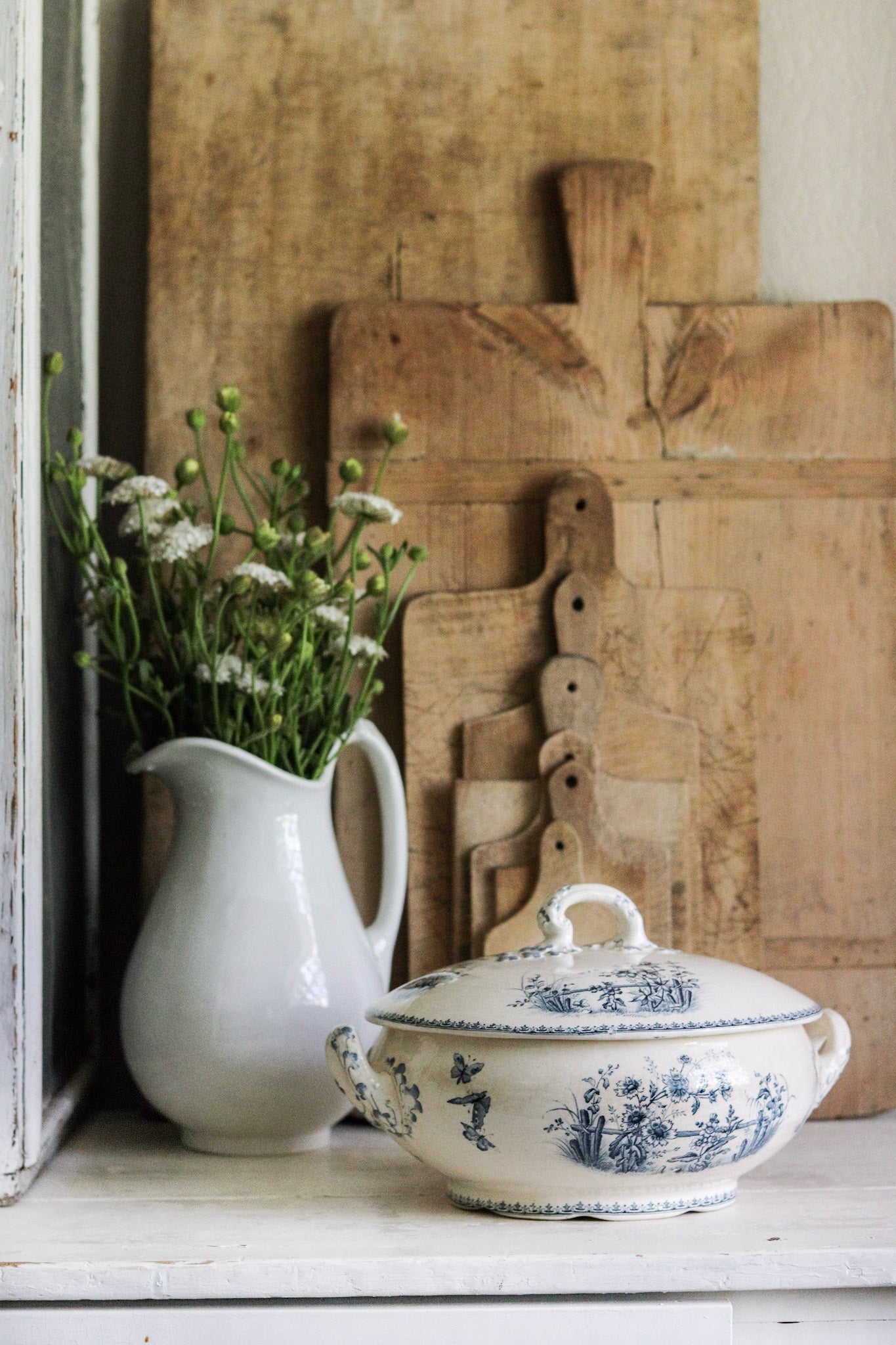 Large Antique French Transferware Tureen with Butterflies and Flowers