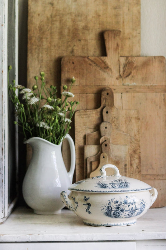 Large Antique French Transferware Tureen with Butterflies and Flowers