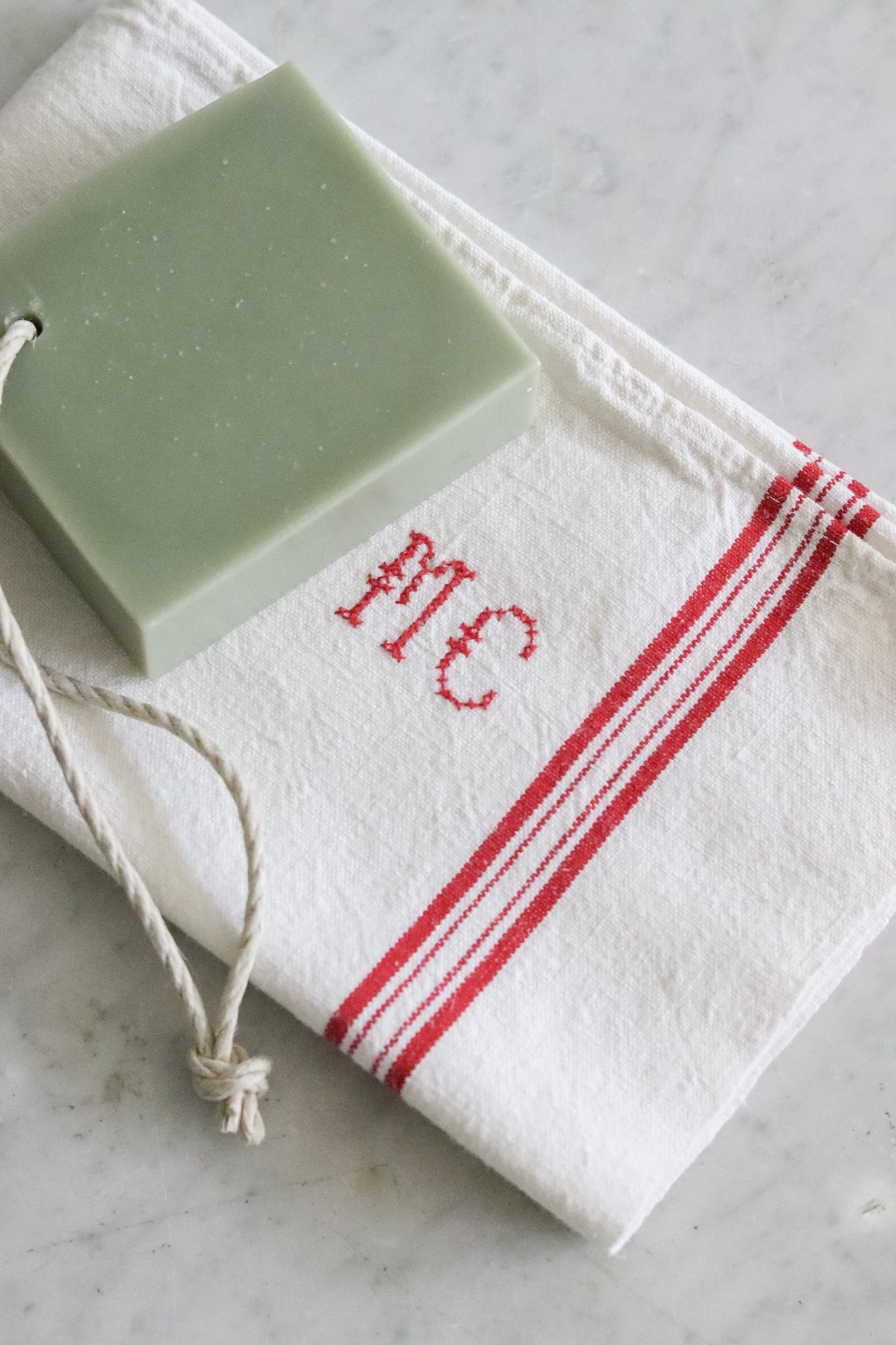 Vintage French Towel + Christmas Tree Farm Soap on a Rope