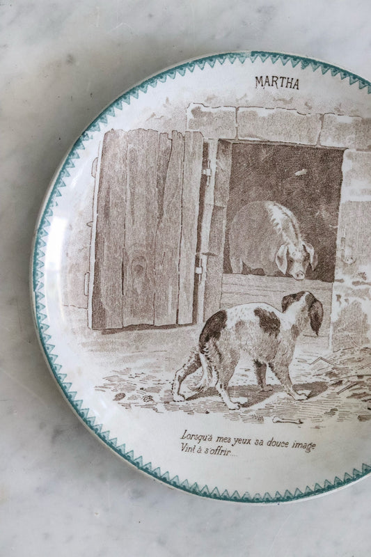 Rare Antique French Transferware Plate with Pig & Dog