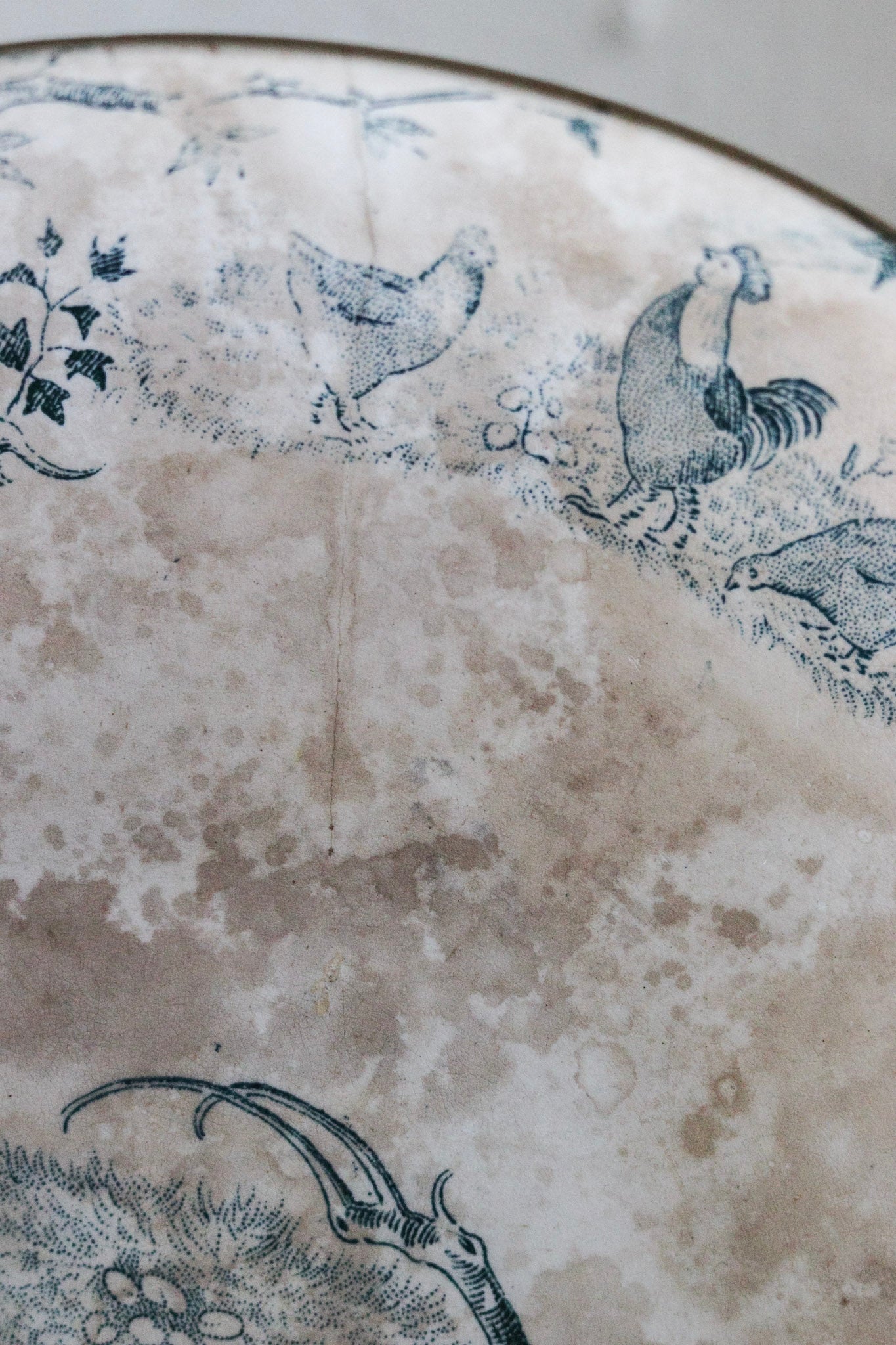 Antique French Transferware Pedestal Fruit Bowl with Ducks, Chickens and a Frog -Please Read Description