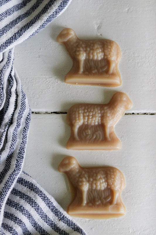 Set of Three Petite Sheep Soaps + Linen Chambray Hand Towel