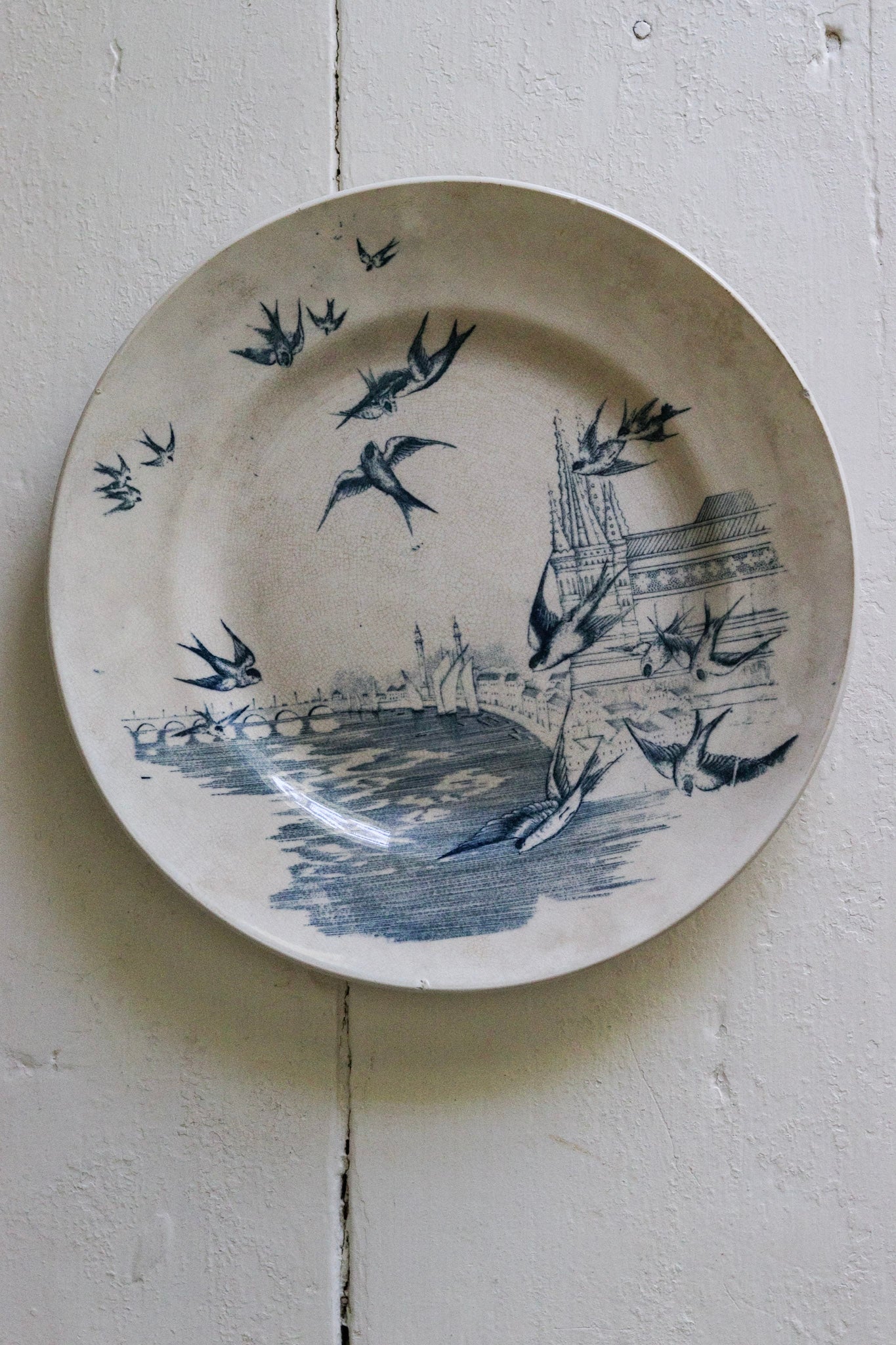Beautiful Antique French Transferware Plate with Birds and Coastal City Scene